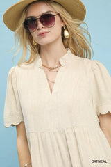 Trendsi Umgee Linen Tiered Babydoll Dress with Scalloped Sleeves -