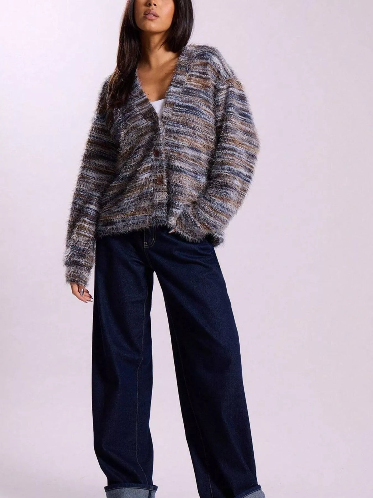 Fuzzy Knit V-Neck Button-Down Cardigan — front view