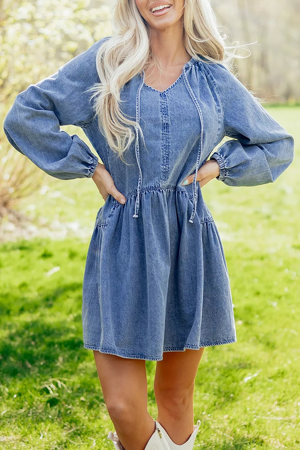 Trendsi Puff Sleeve V Neck Ruffled Loose Denim Mini Dress -