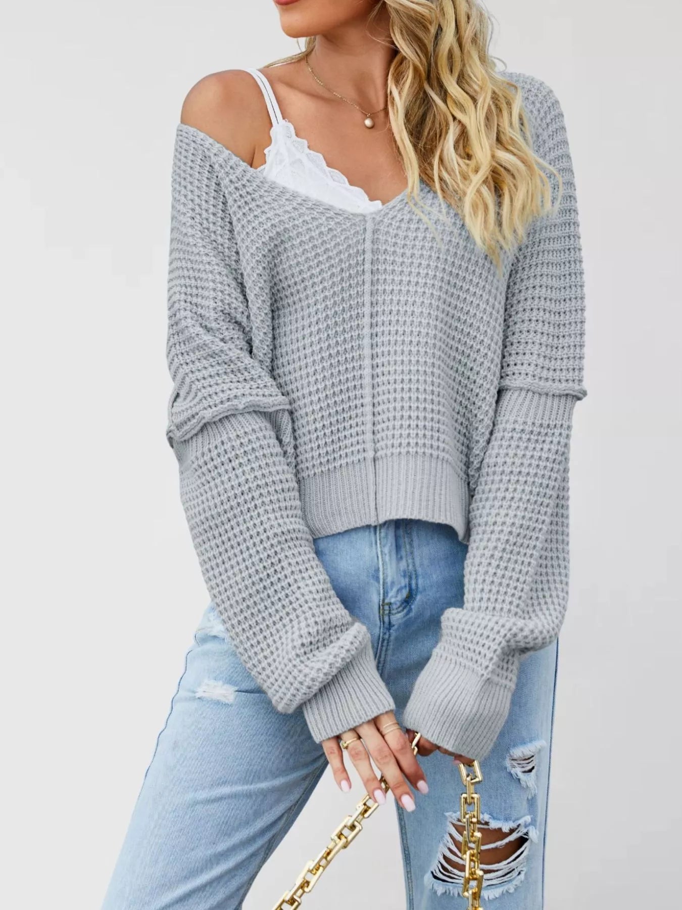 Trendsi Waffle Knit Dropped Shoulder Sweater -