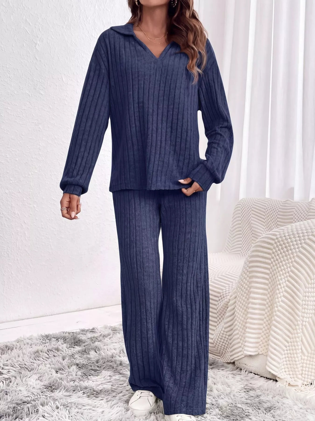 Ribbed Knit Collared Top and Wide Leg Pants Set in navy blue