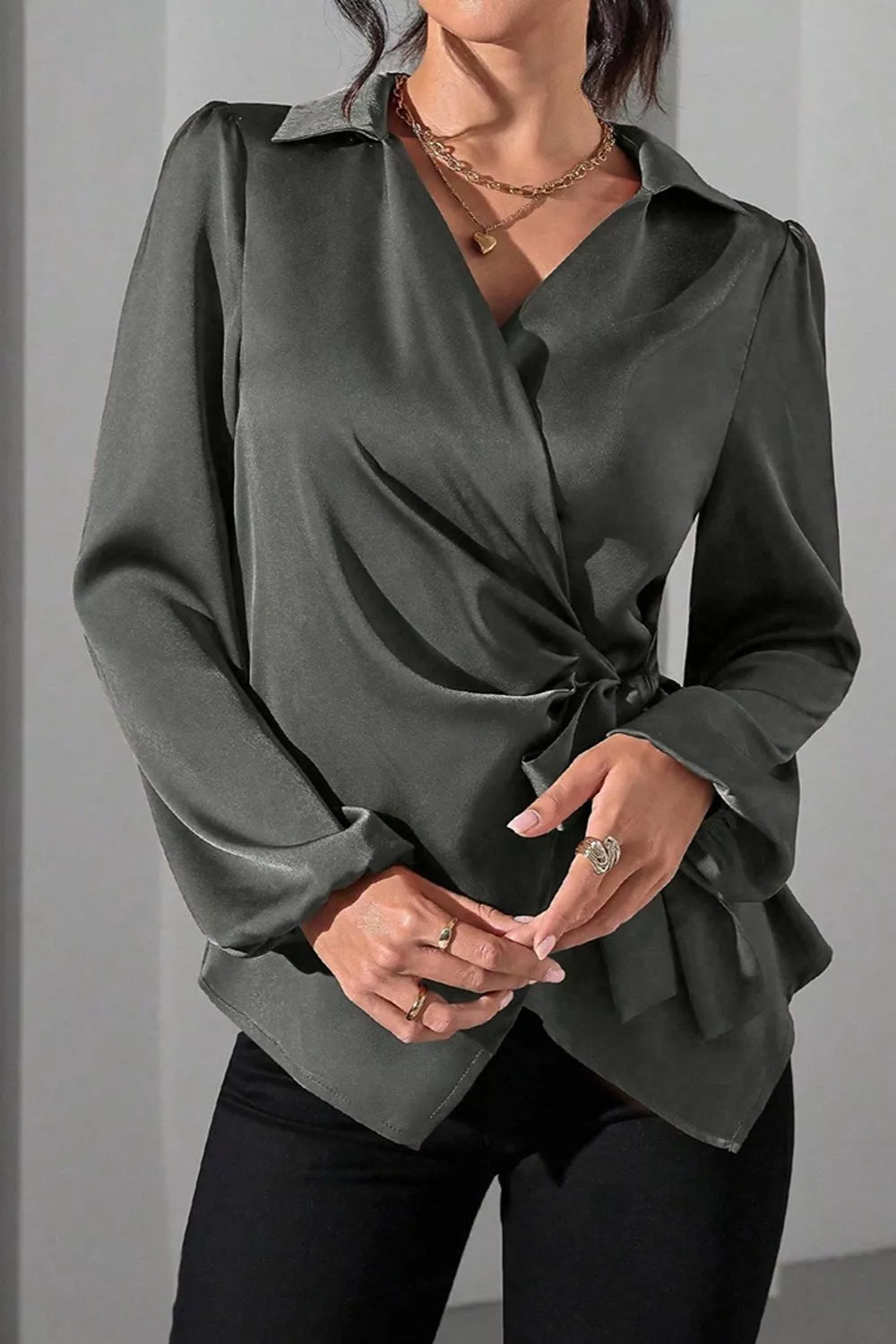 Trendsi Satin Tied Detail Long Sleeve Blouse -