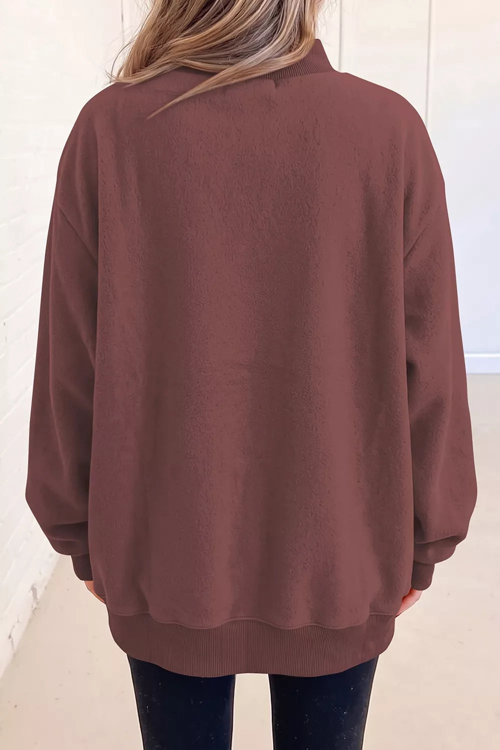 Brown thanksgiving high neck graphic sweatshirt, back view