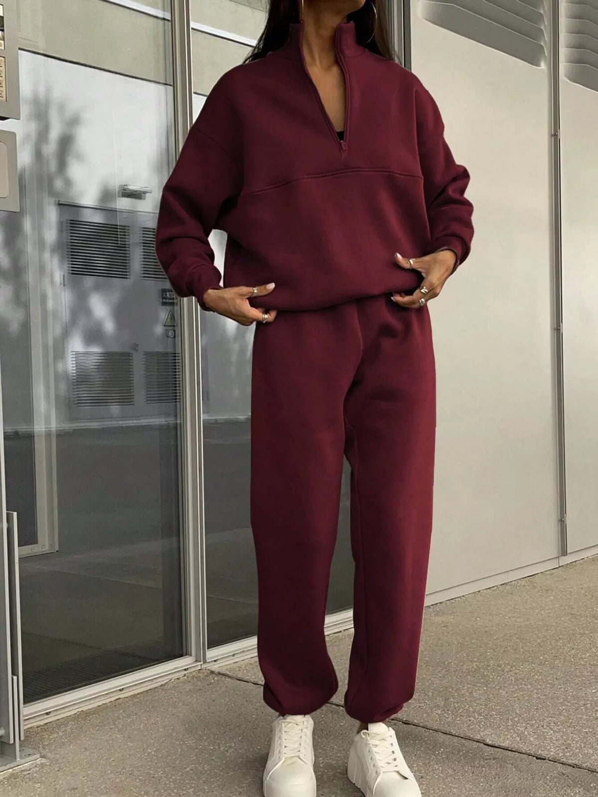 Half-zip top and pants set, burgundy full front