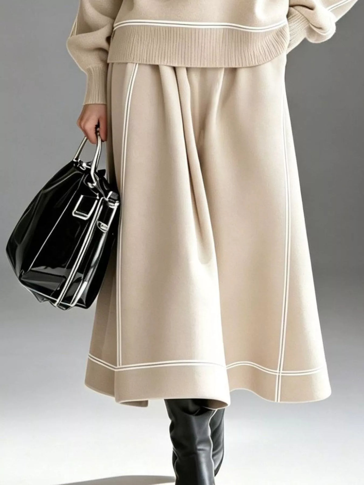 Sweater and skirt set, beige skirt detail