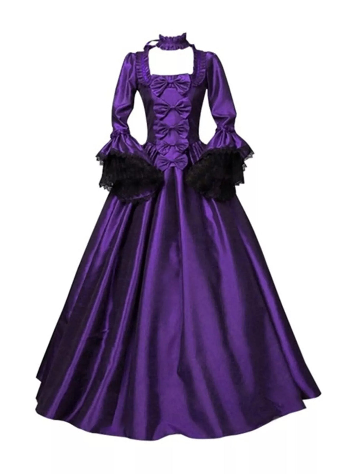Victorian Gothic Satin Ball Gown Dress with Bow Accents in purple