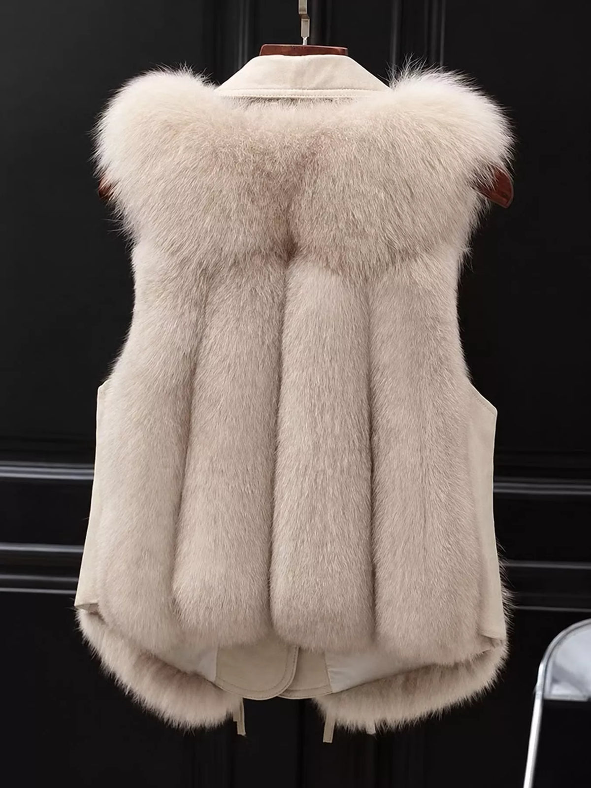 Faux Fur Snap Down Vest Coat, back view in cream