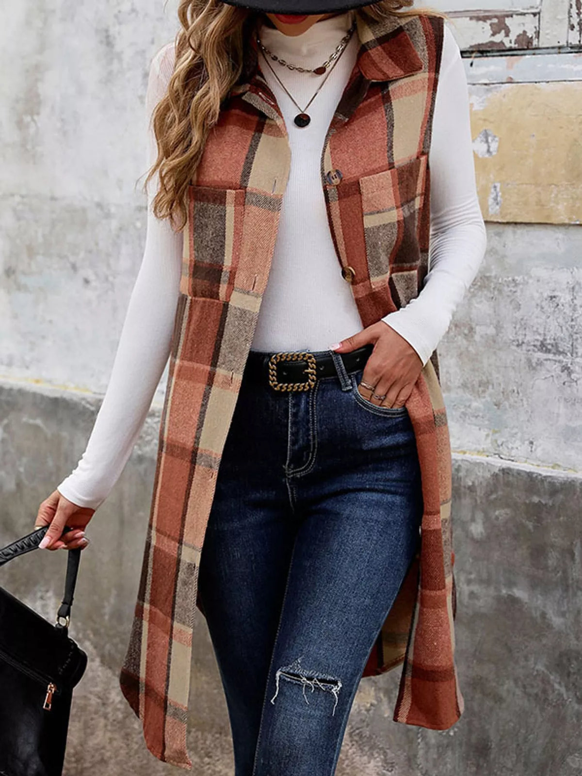 Longline Plaid Button-Down Vest Coat in orange-brown