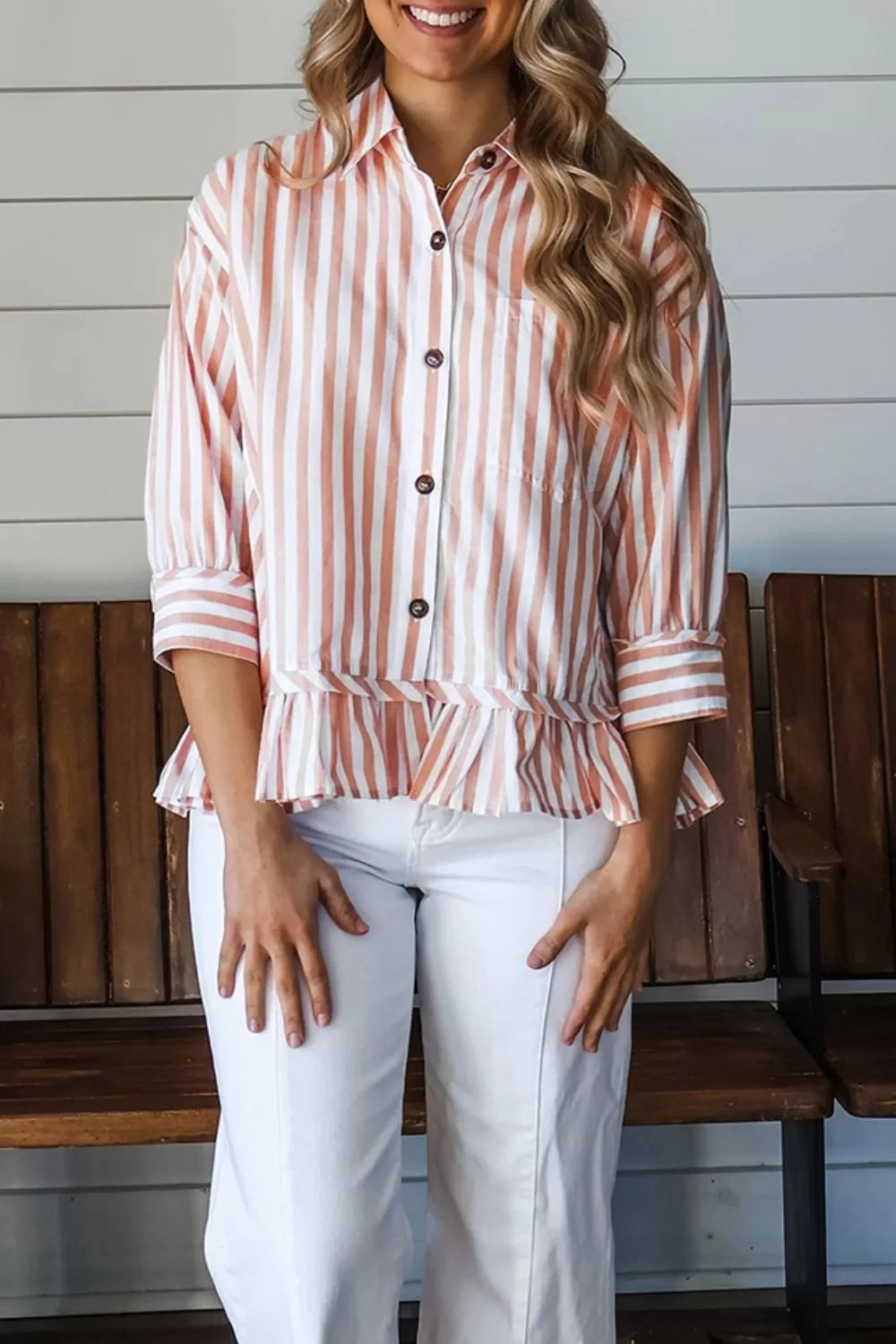 Women's pale blush striped button-front bracelet sleeve ruffle hem shirt