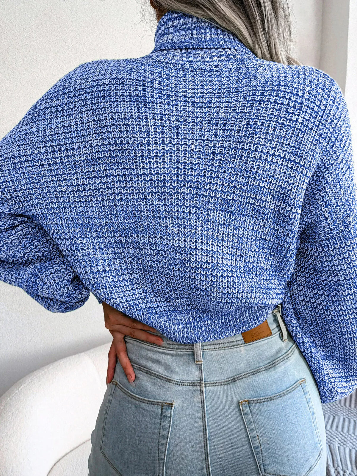 Turtleneck Dropped Shoulder Sweater in blue, front view