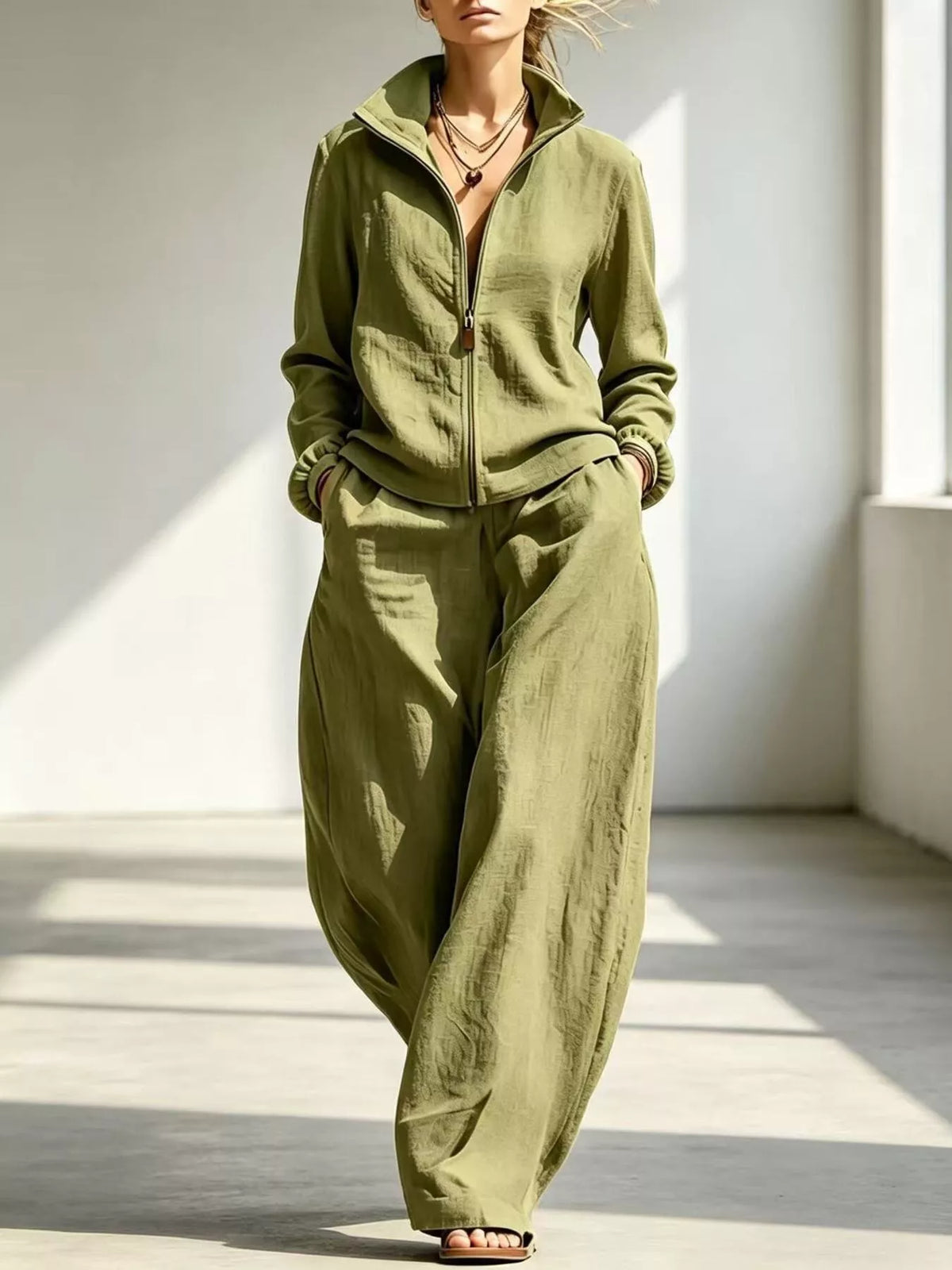 Jacket and pants set, olive set front