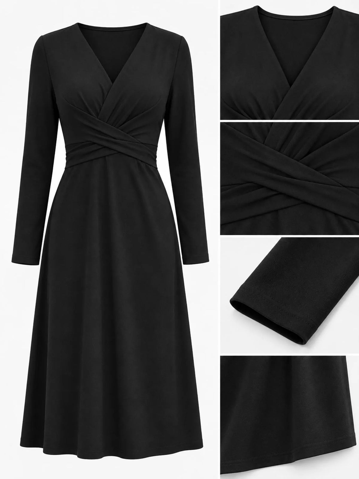 Black long sleeve ruched-front midi dress, neckline waist and construction details