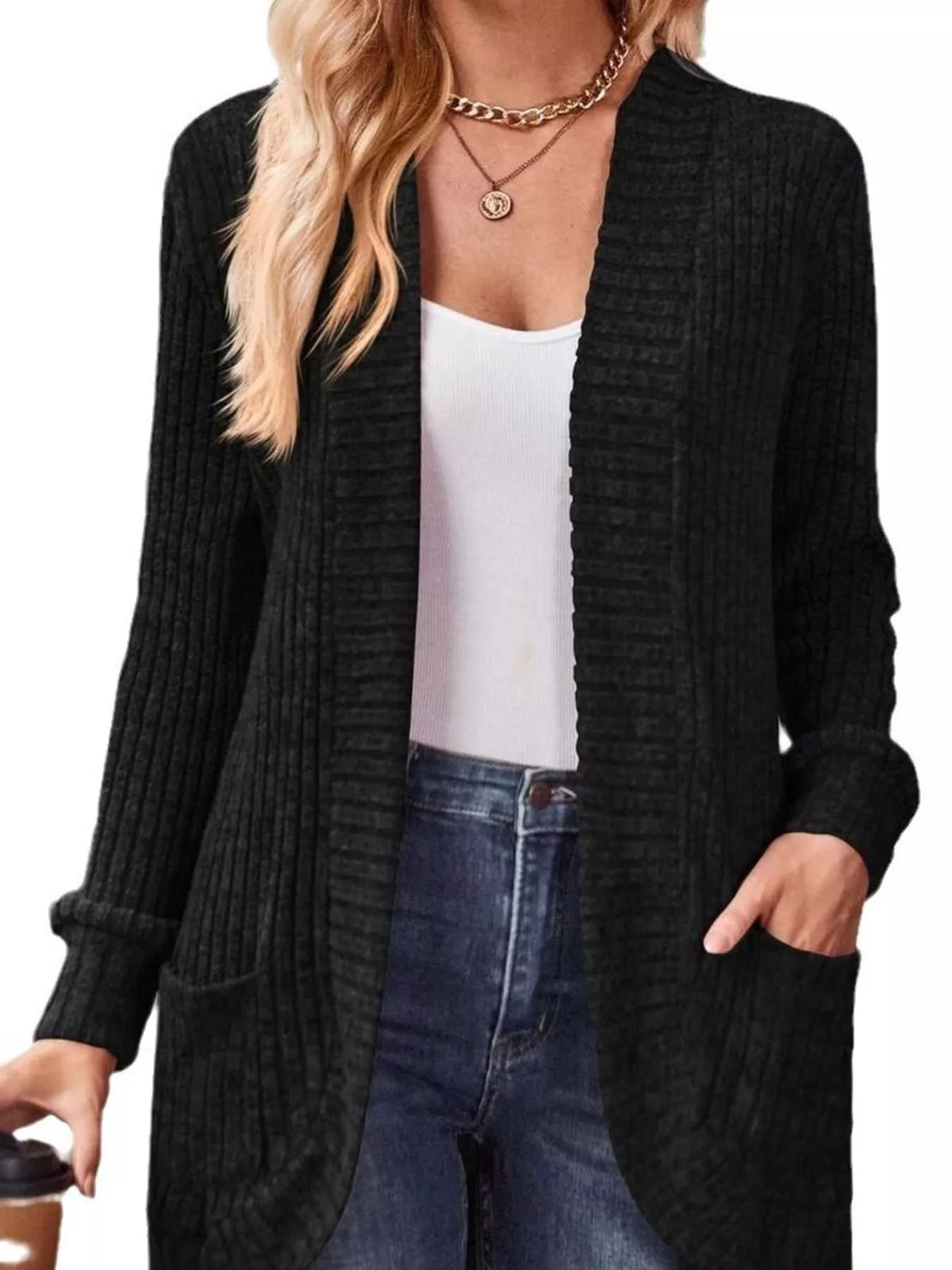 Ribbed Knit Open Front Cardigan with Pockets — front view