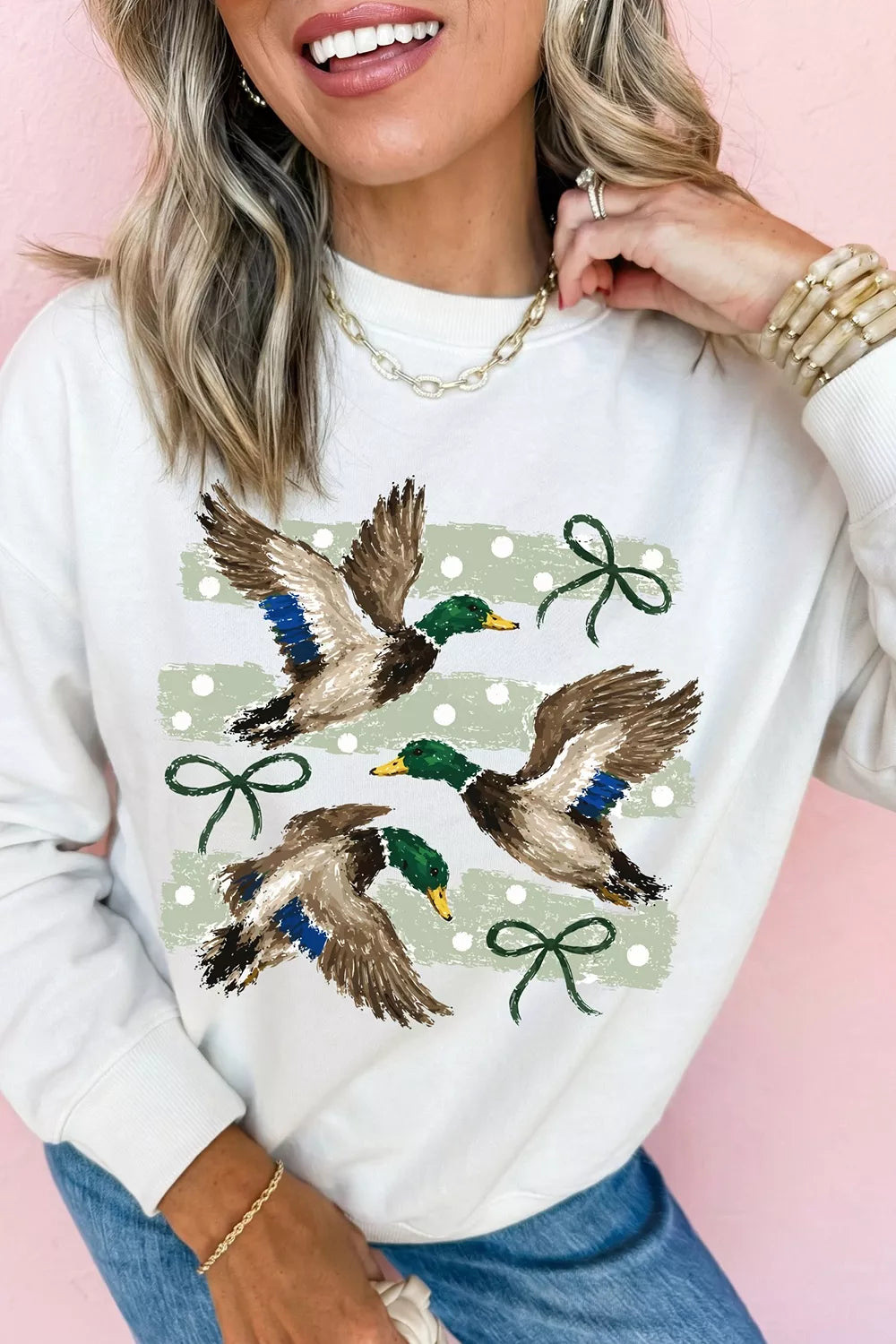 Mallard Bow Graphic Crew Neck Sweatshirt — front view