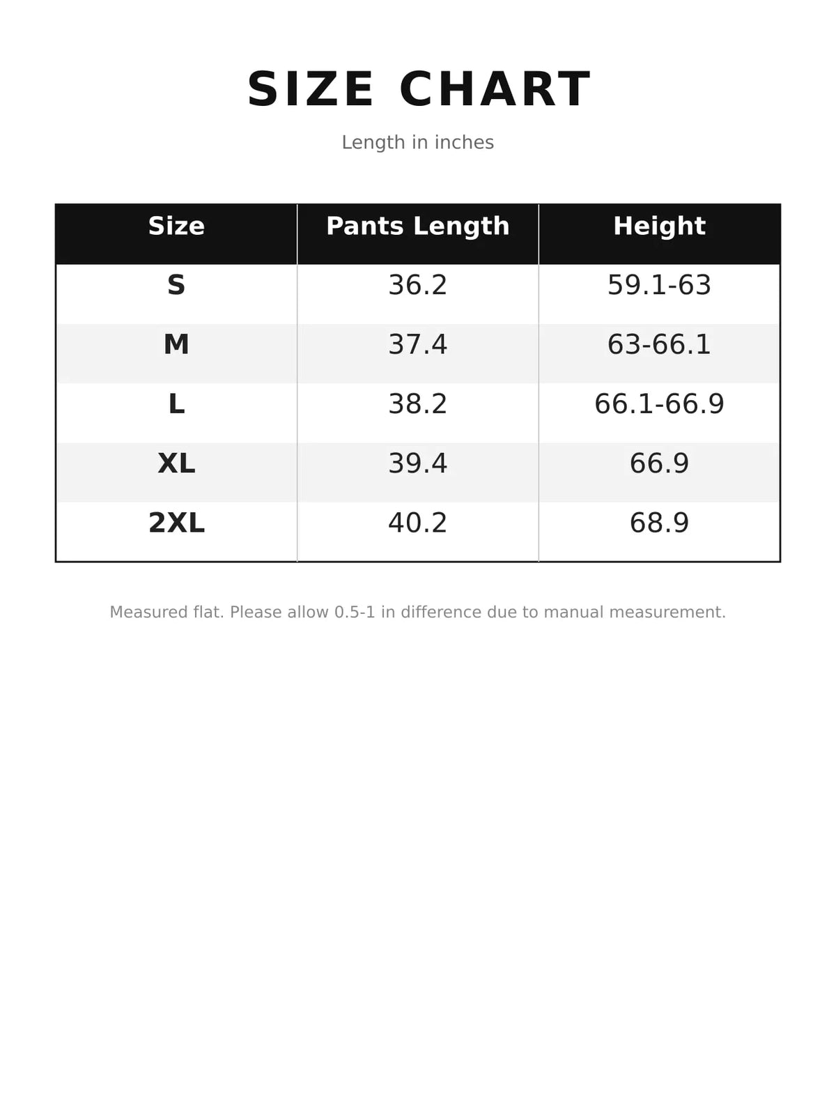 Size chart for high-waisted drawstring wool knit pants