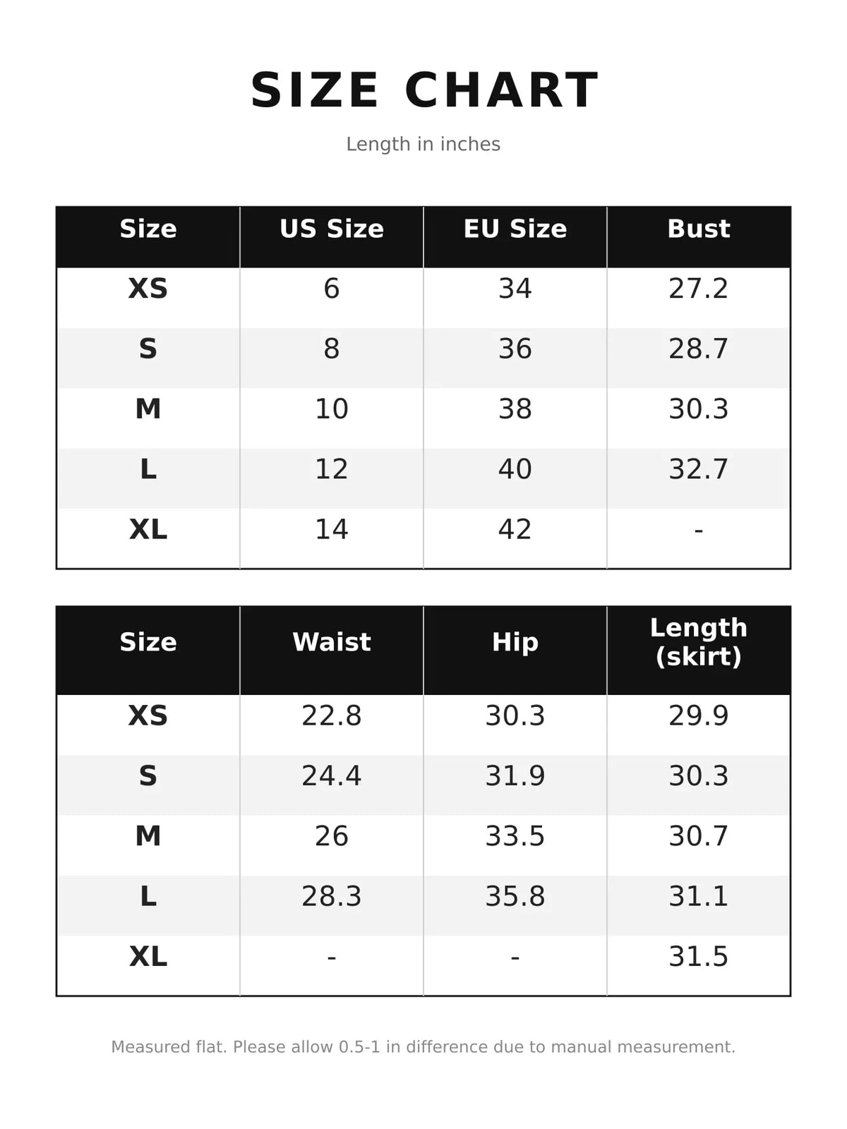 Size chart for layered ruffle mini dress