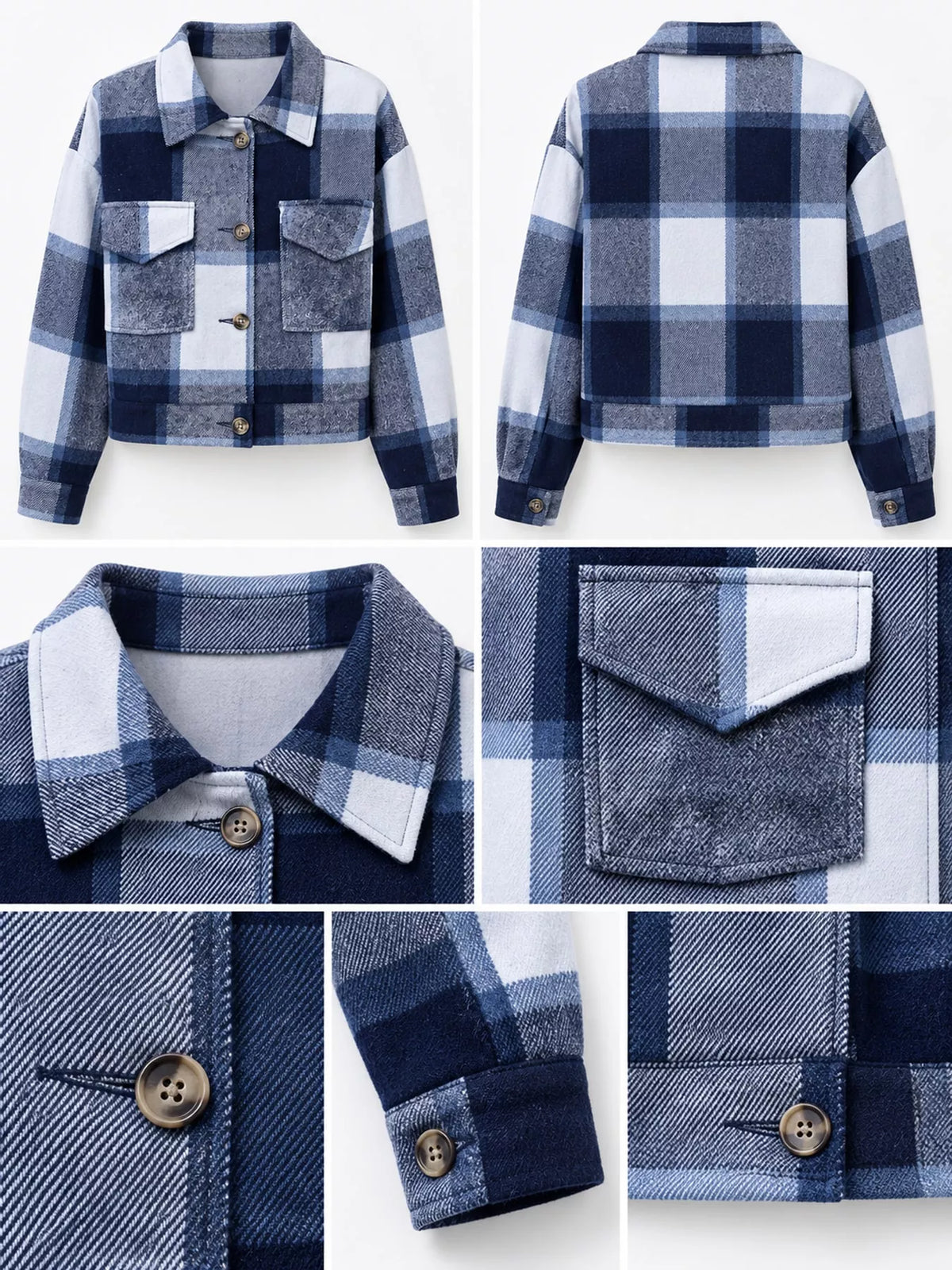 Plaid cropped jacket, blue white collar pocket cuff collage