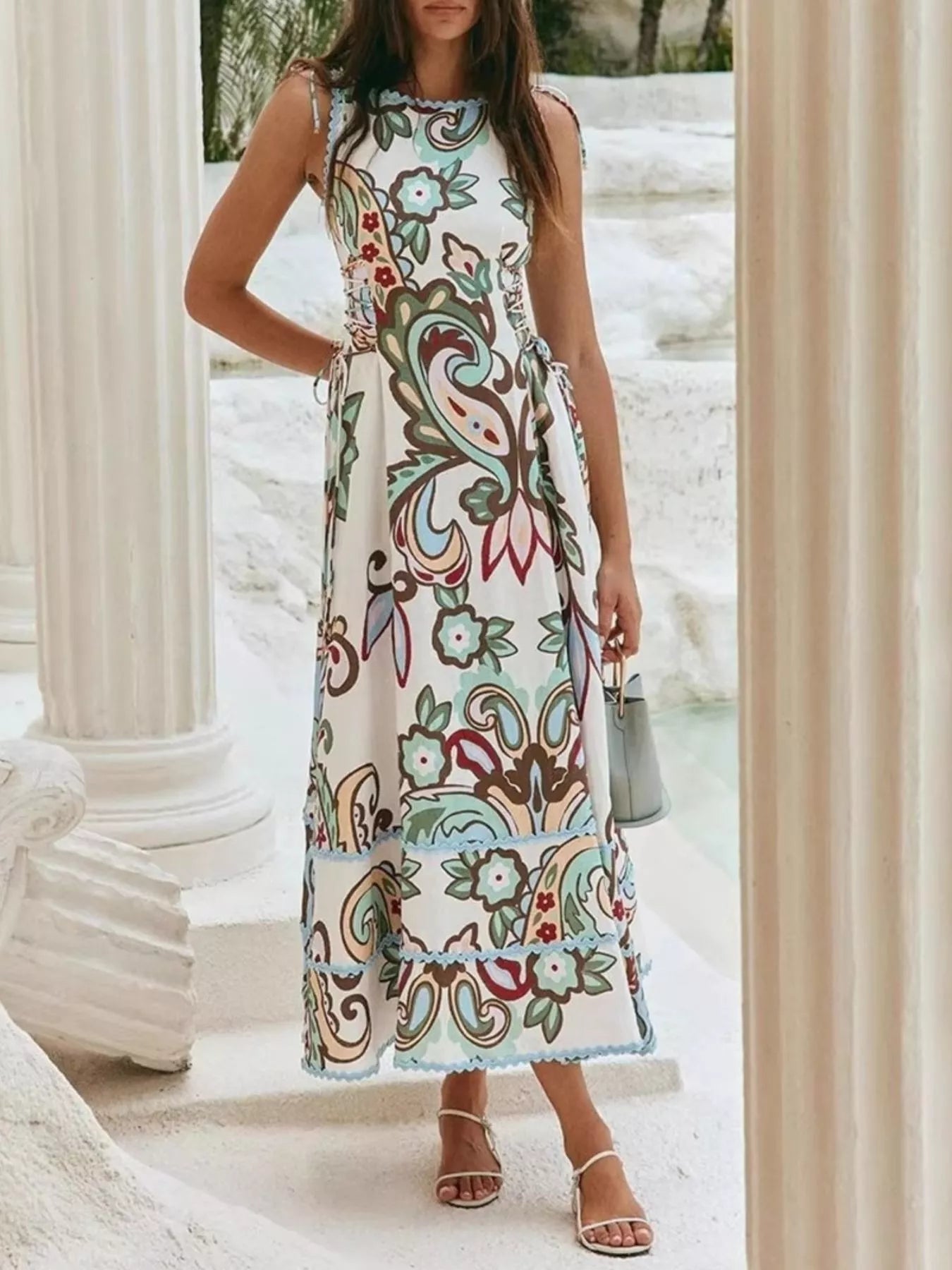 Trendsi Printed Tie Shoulder Sleeveless Midi Dress -