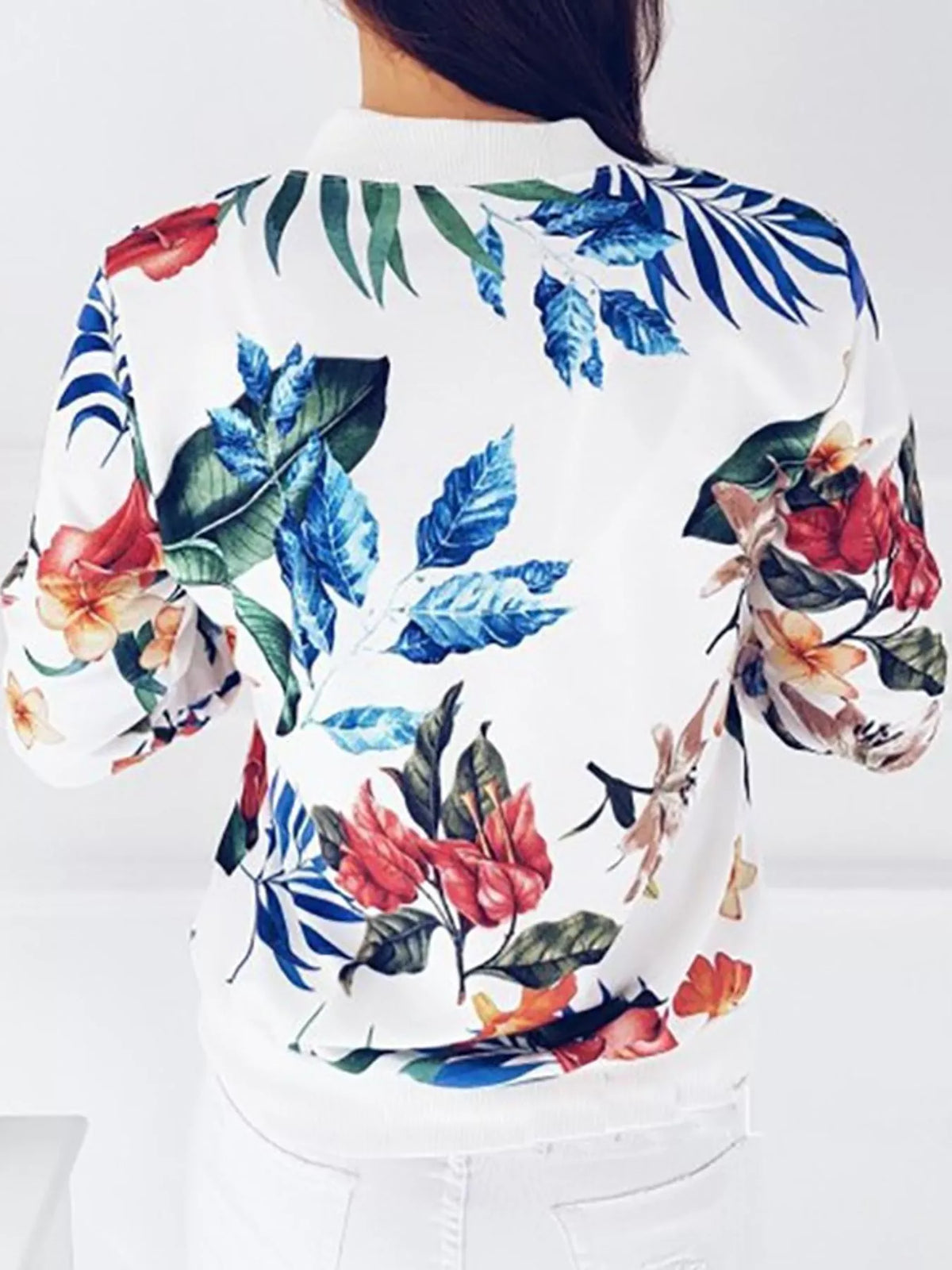 White tropical floral printed zip-up bomber jacket — back view