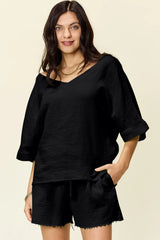 Trendsi Double Take Texture Half Sleeve T-Shirt and Drawstring Shorts Set -