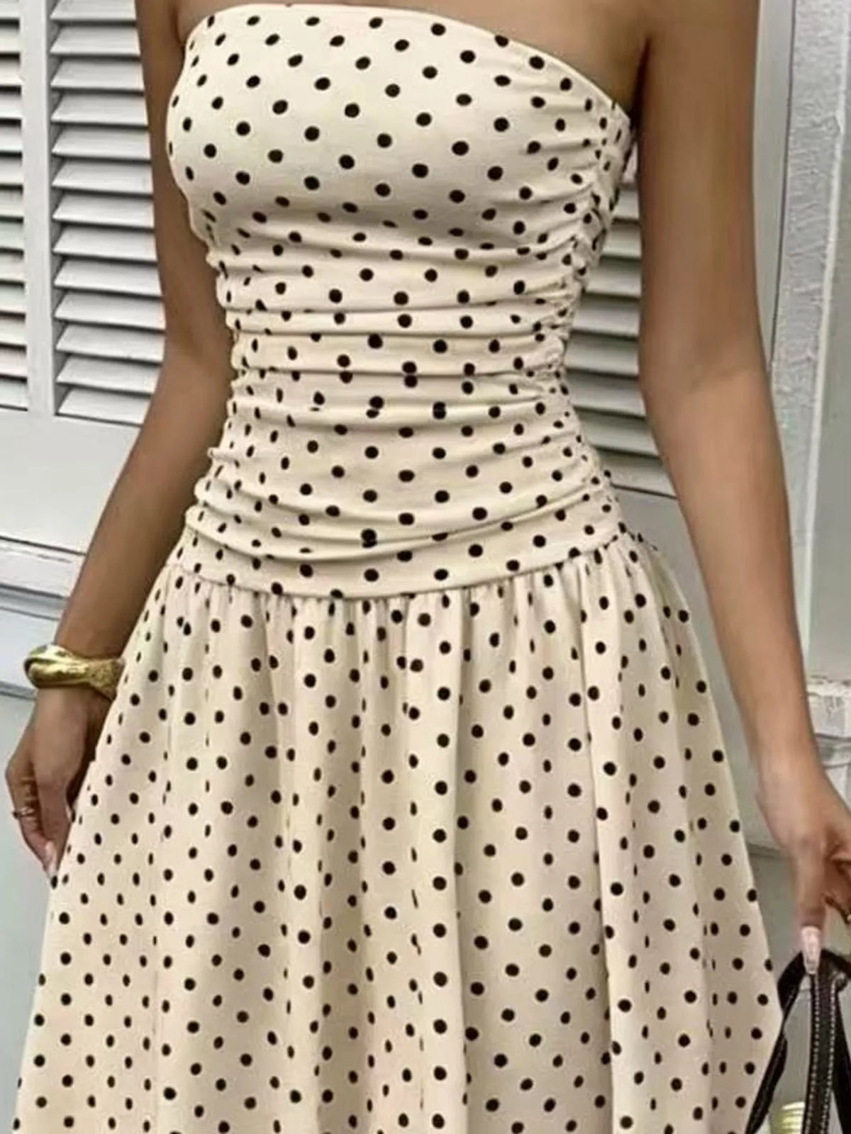 Women's Strapless Polka Dot Ruched Maxi Dress in beige dots — waist detail view