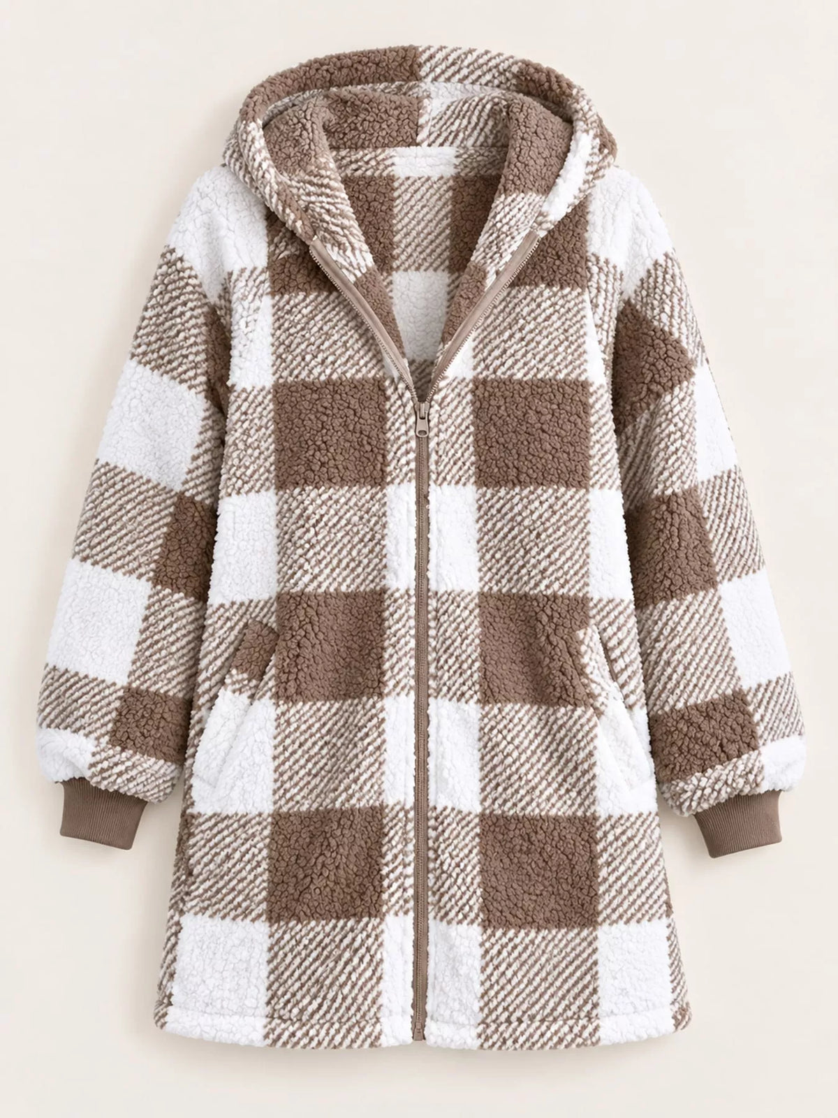 Brown and white plaid sherpa hooded zip up jacket, front view
