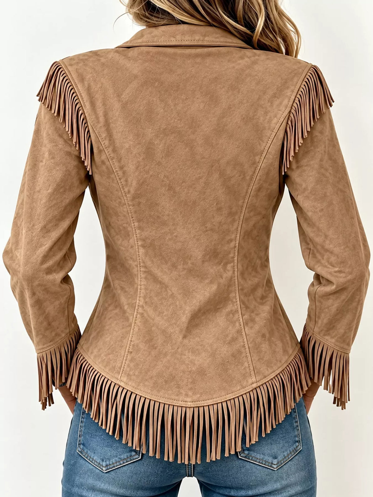 Fringe-detail shirt, tan back