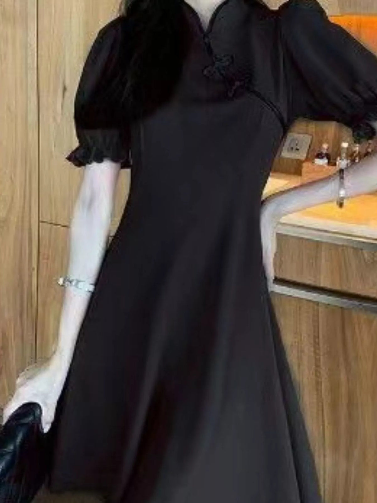 Mandarin neck short sleeve mini dress, front view on model