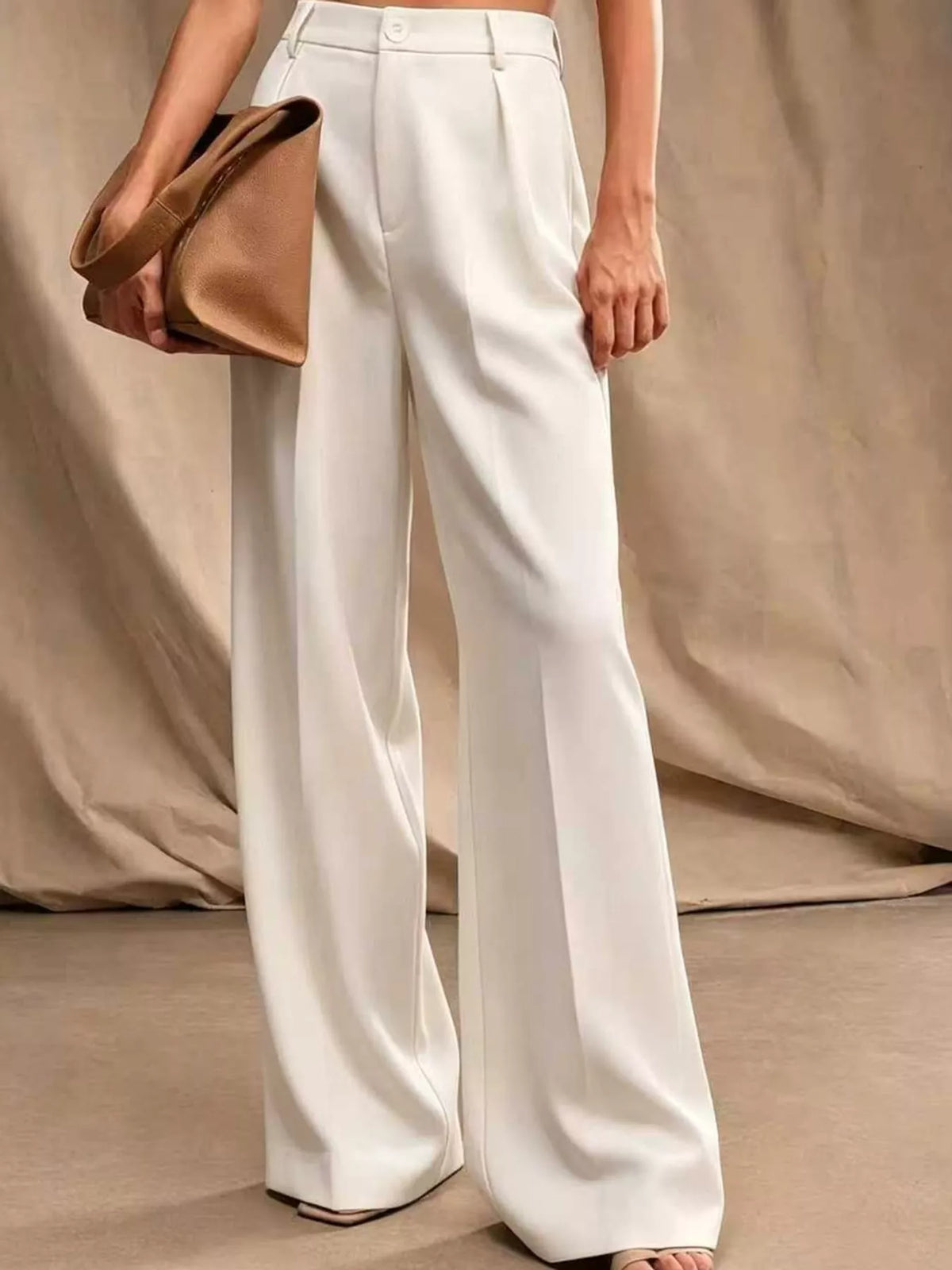 Women's Pleated Wide-Leg Trousers in white — front view