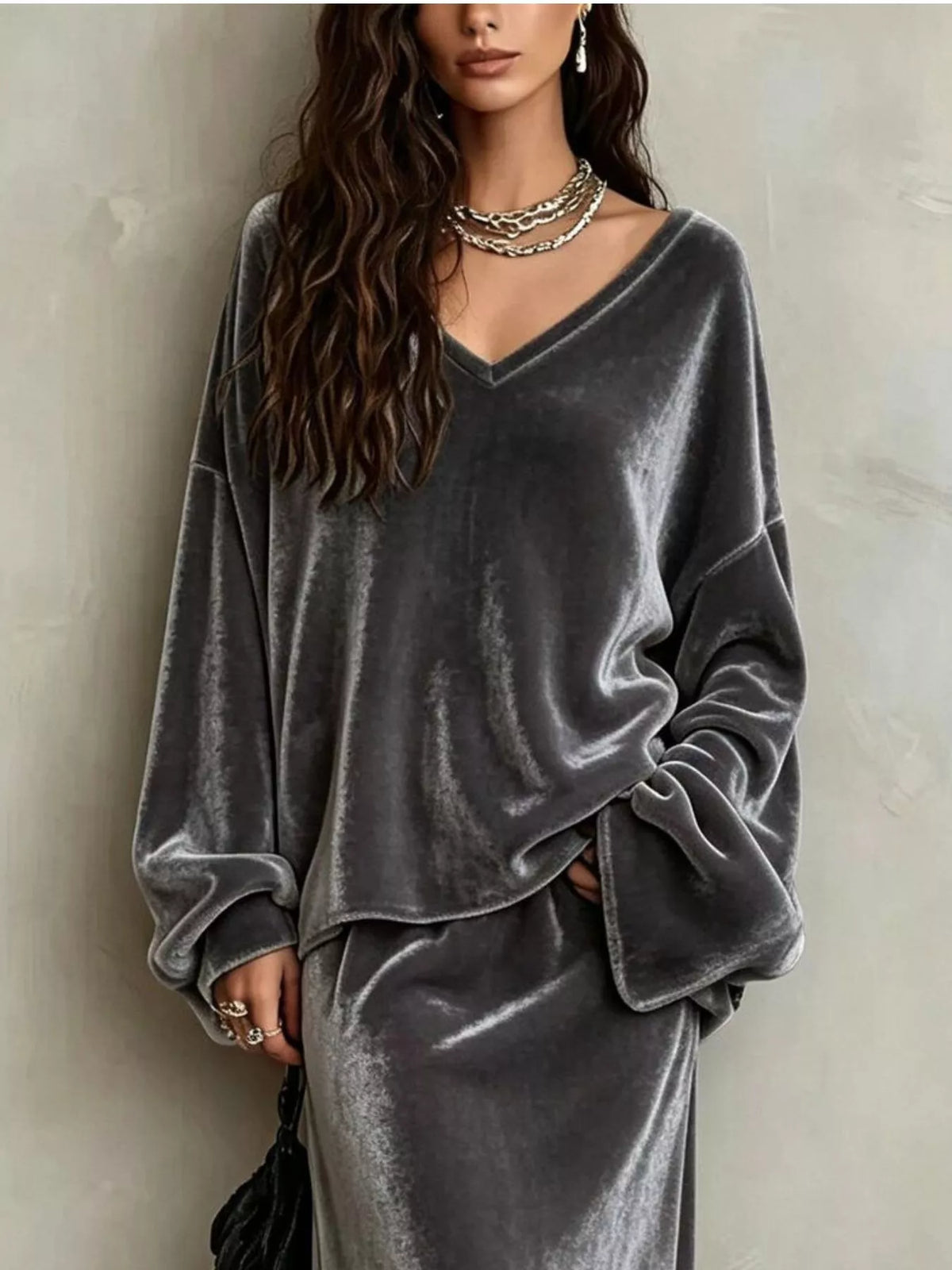 V-Neck Velvet Long Sleeve Top and Maxi Skirt Two-Piece Set in gray, front view