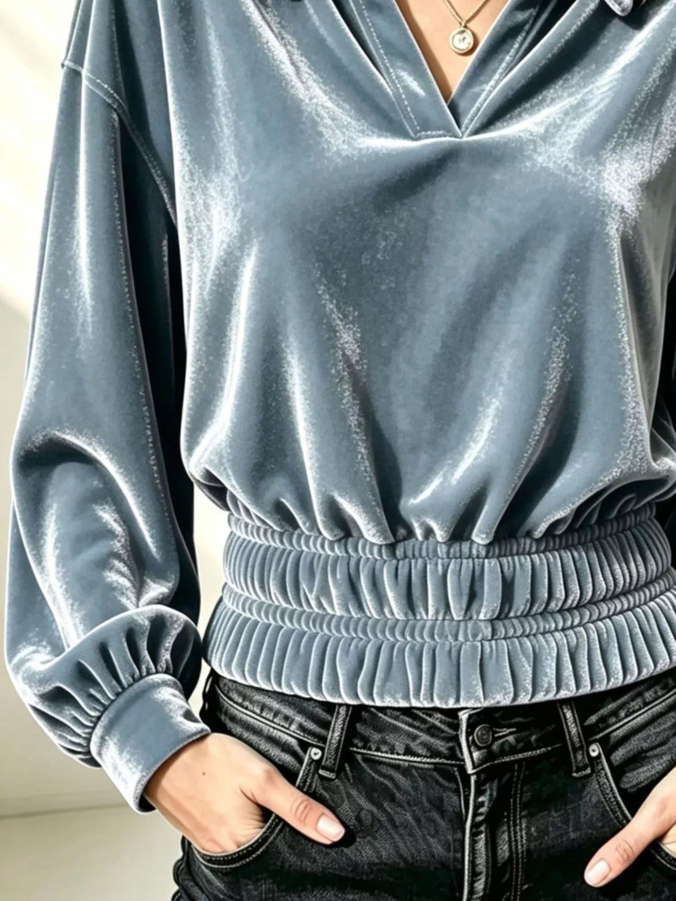 Trendsi Velvet Johnny Collar Long Sleeve Blouse -