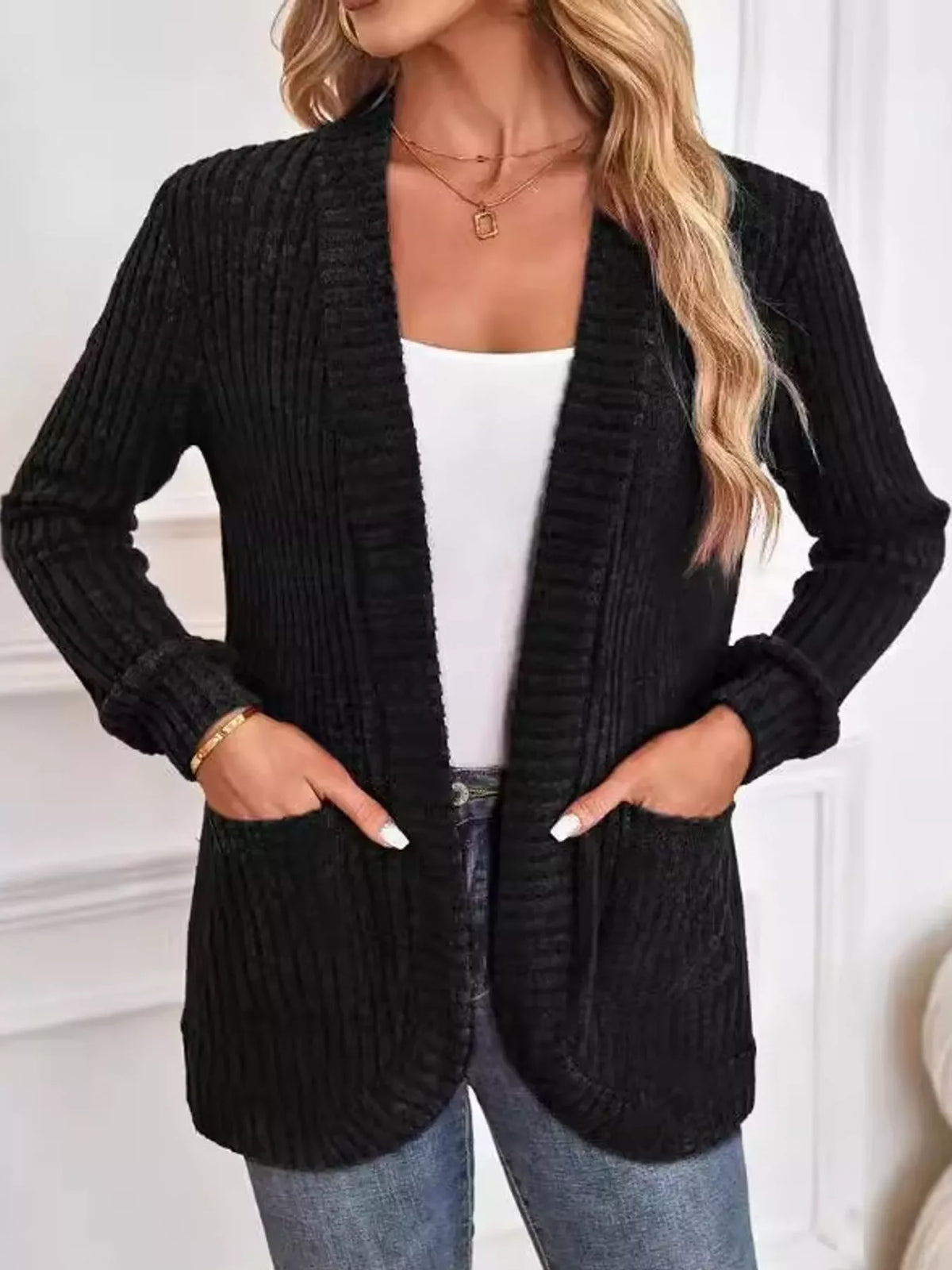 Ribbed Knit Open Front Cardigan with Pockets — front view