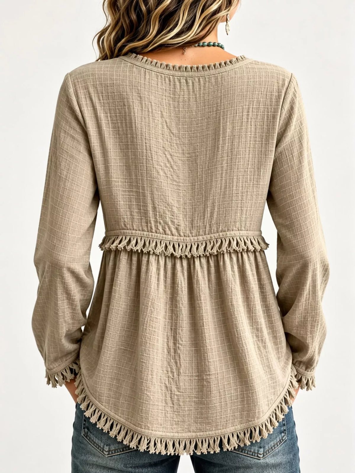 Fringe-trim blouse, taupe back