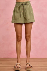 Trendsi SO ME Paper Bag Patch Pocket Drawstring Twill Shorts -