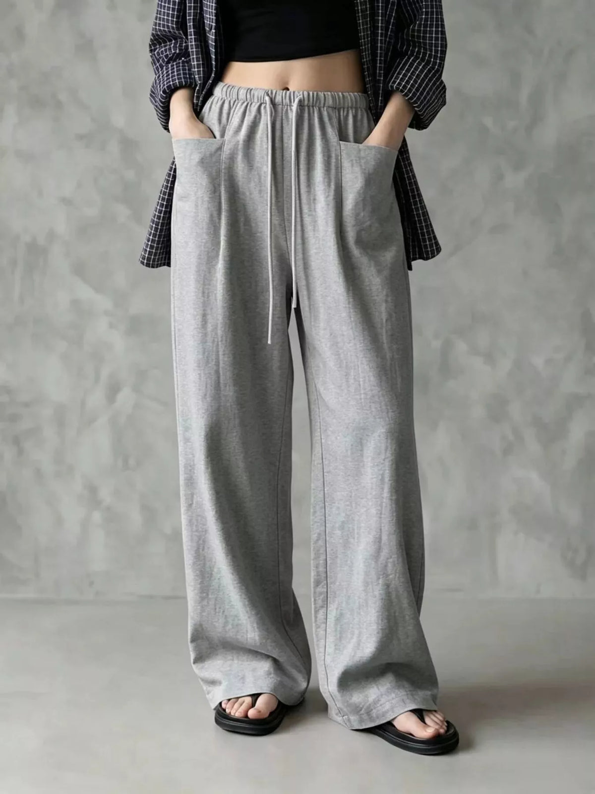 Women's Drawstring Wide-Leg Casual Pants in gray — front view
