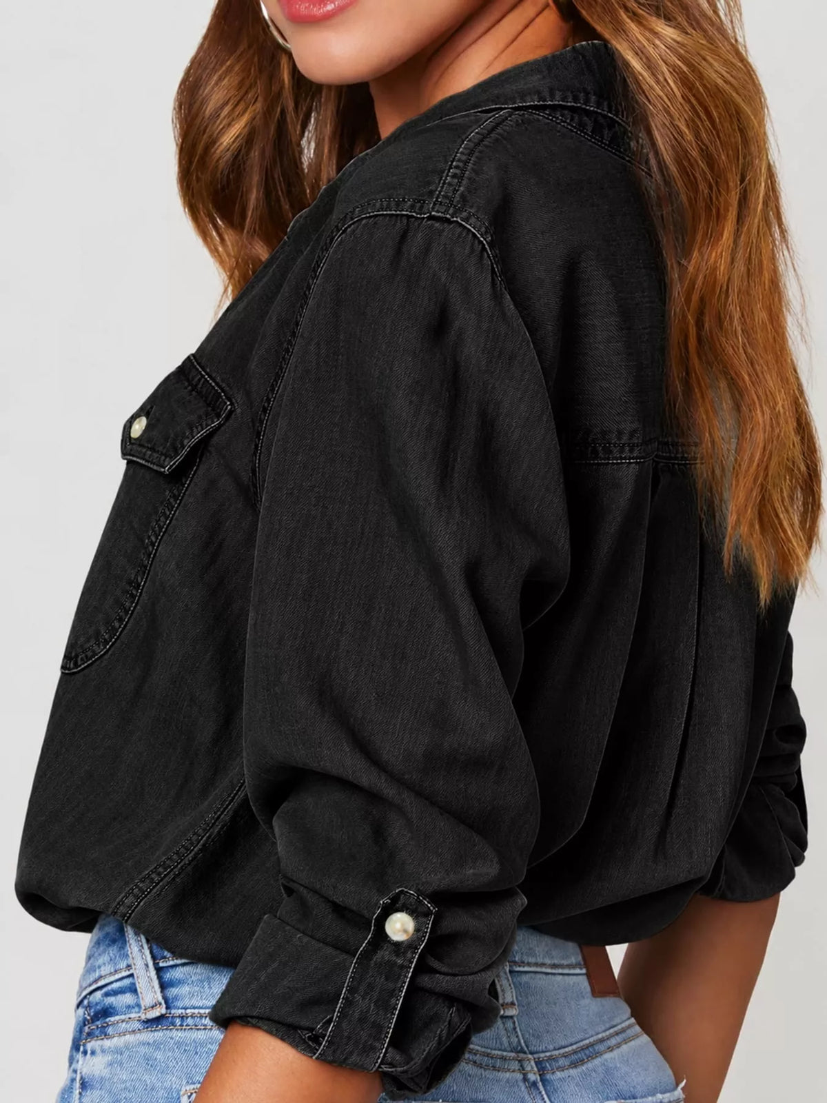 Black button-down denim shirt