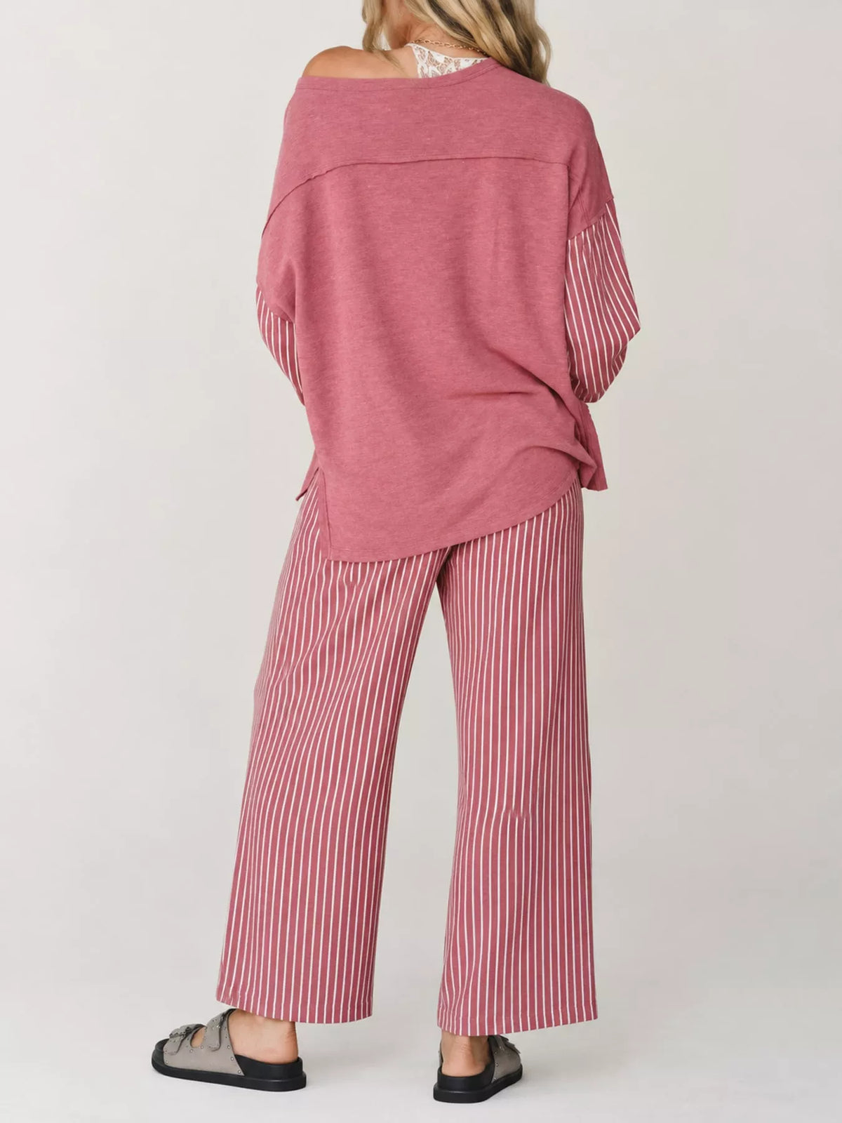Pink striped boat neck top and wide-leg pants set, back view