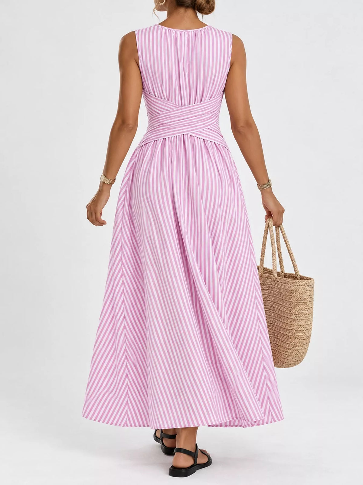 Women's Sleeveless Striped Maxi Dress with Criss-Cross Waist Detail in pink striped — front view