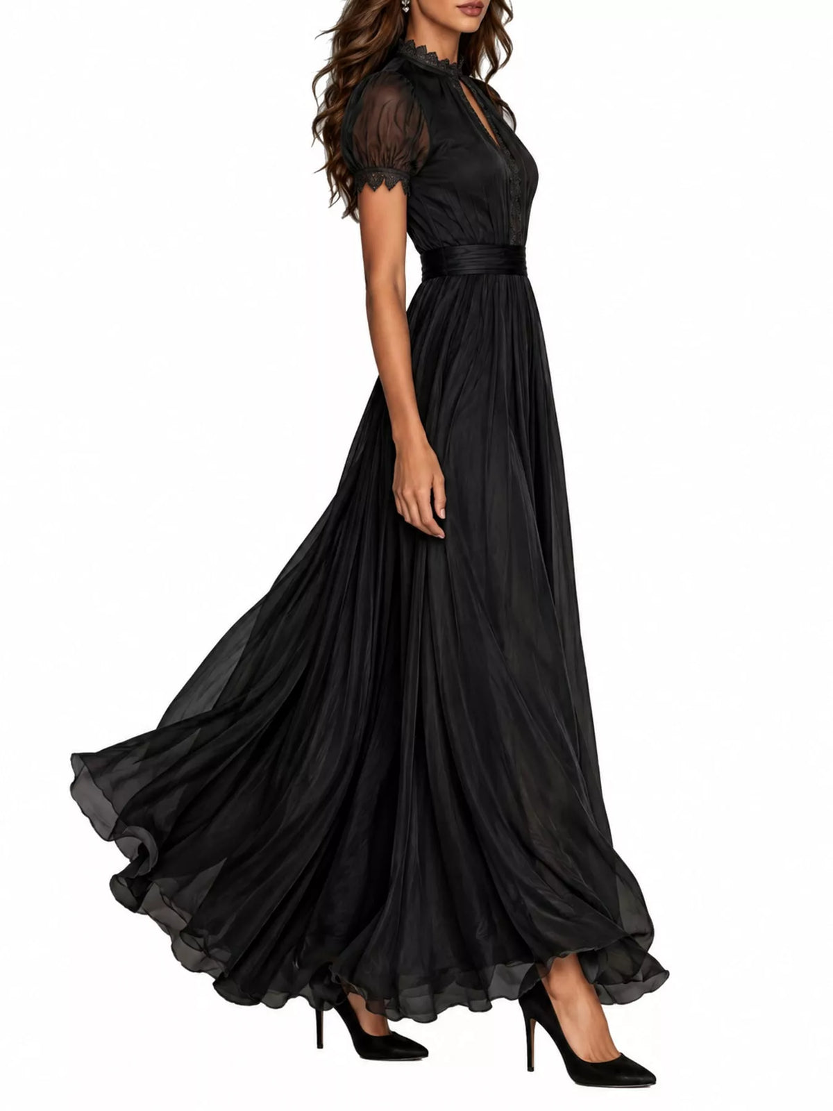 Lace Puff Sleeve Maxi Dress in black, side view