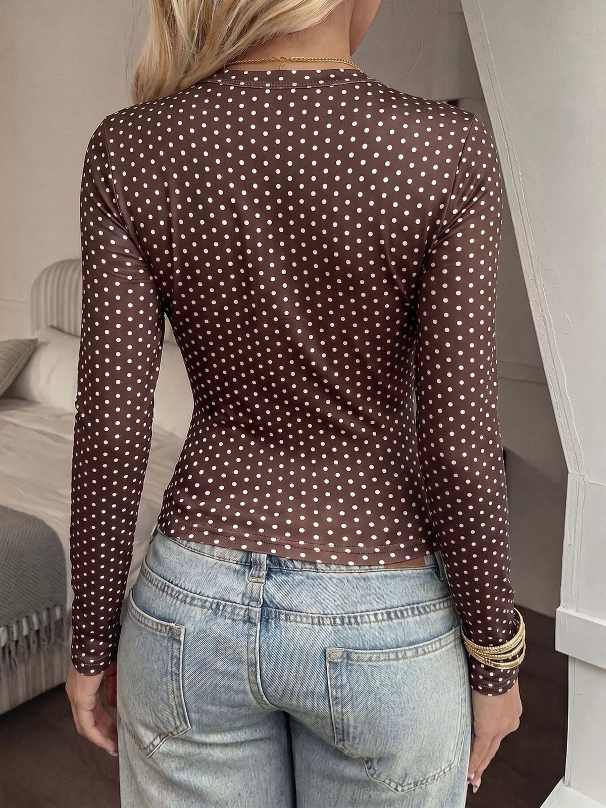 Brown polka dot slim-fit long sleeve T-shirt, back view