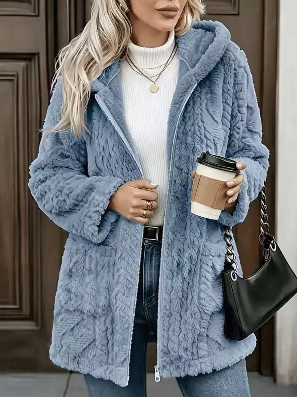 Ocean Blue faux fur hooded zip-up jacket