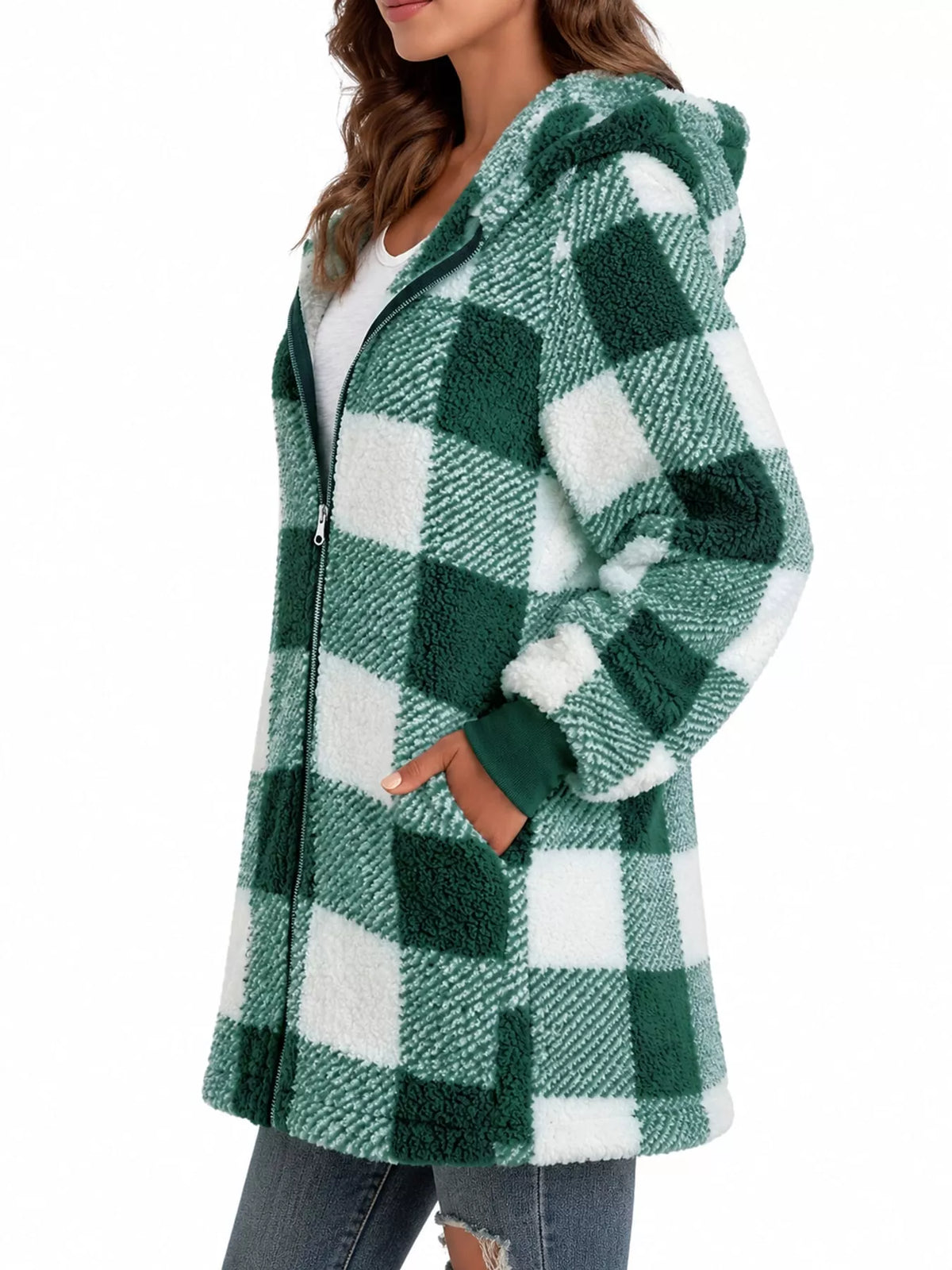 Green and white plaid sherpa hooded zip up jacket, side view