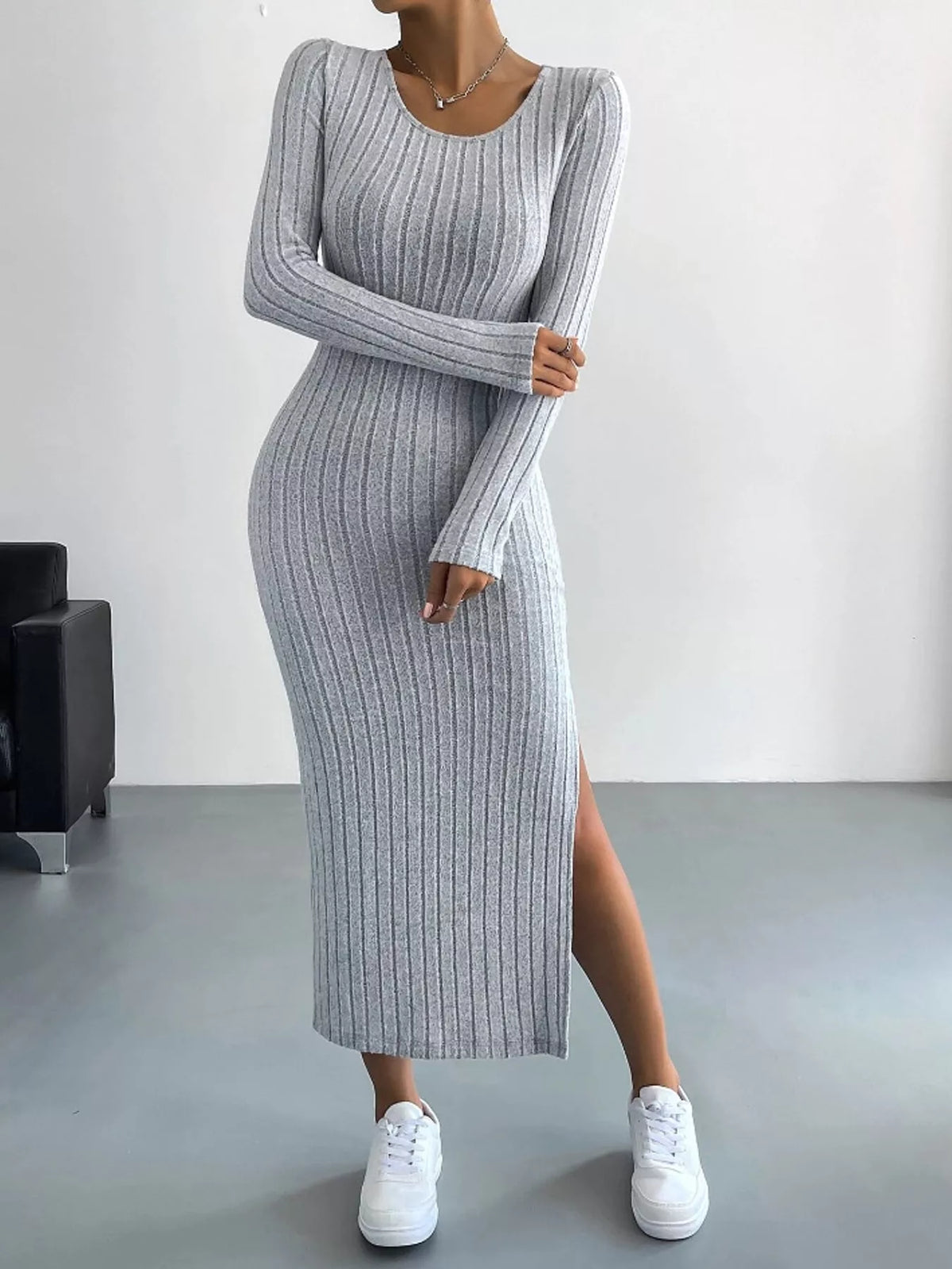 Light gray ribbed long sleeve knit dress with side slit