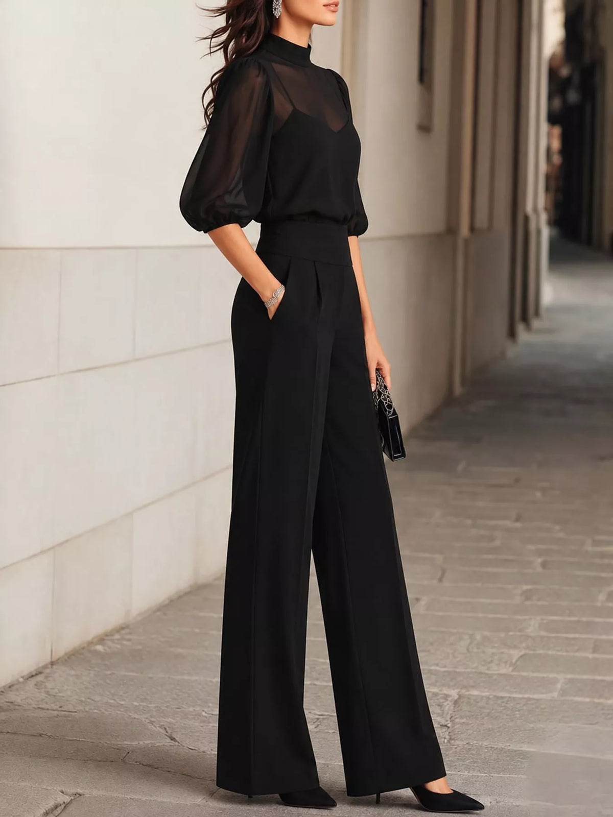 Women's Mock Neck Puff Sleeve Top and Wide Leg Pants Set in black — side view