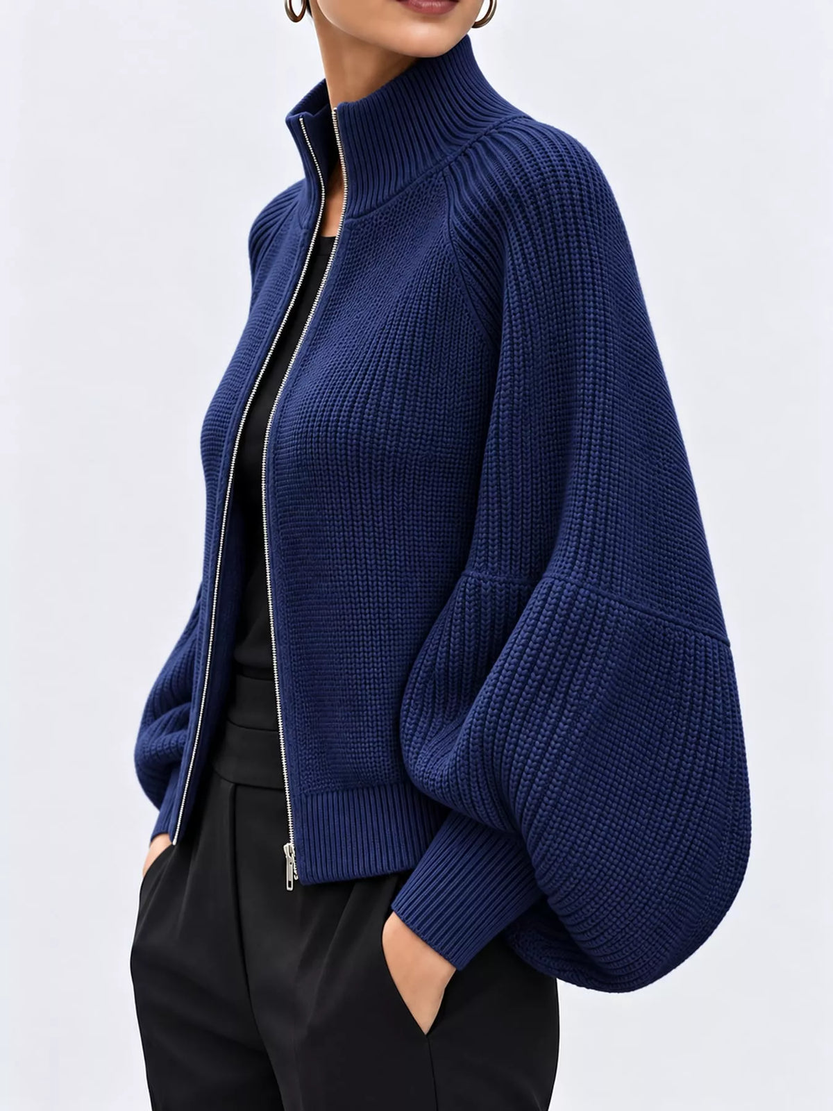 Dark Blue ribbed knit zip-up lantern sleeve cardigan