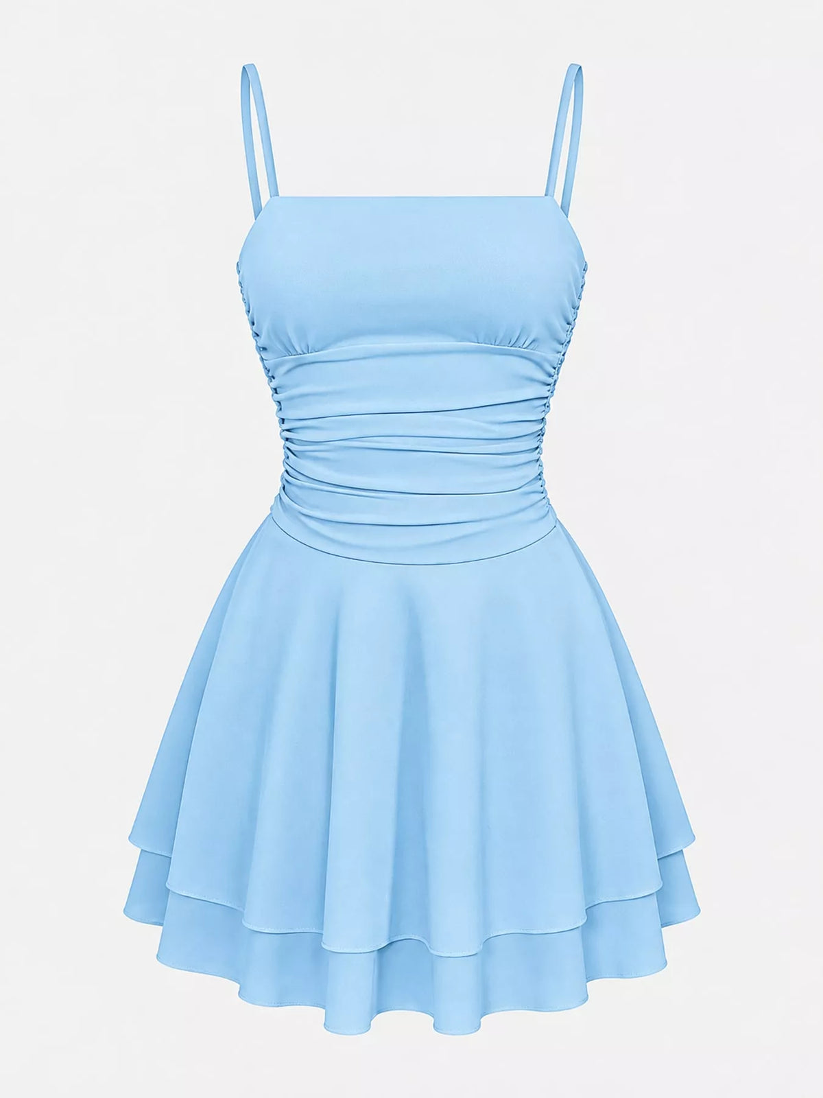 Light blue ruched spaghetti strap layered mini dress, front product view