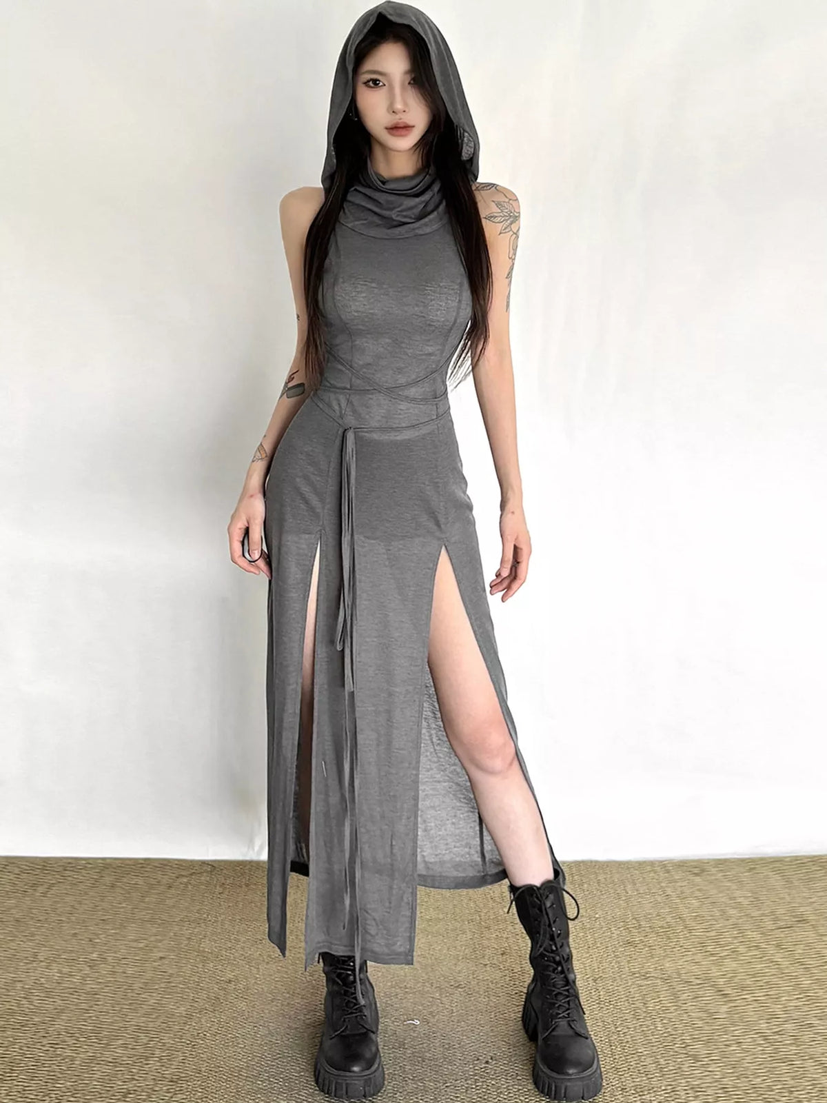Gray sleeveless high slit hooded maxi dress, front view