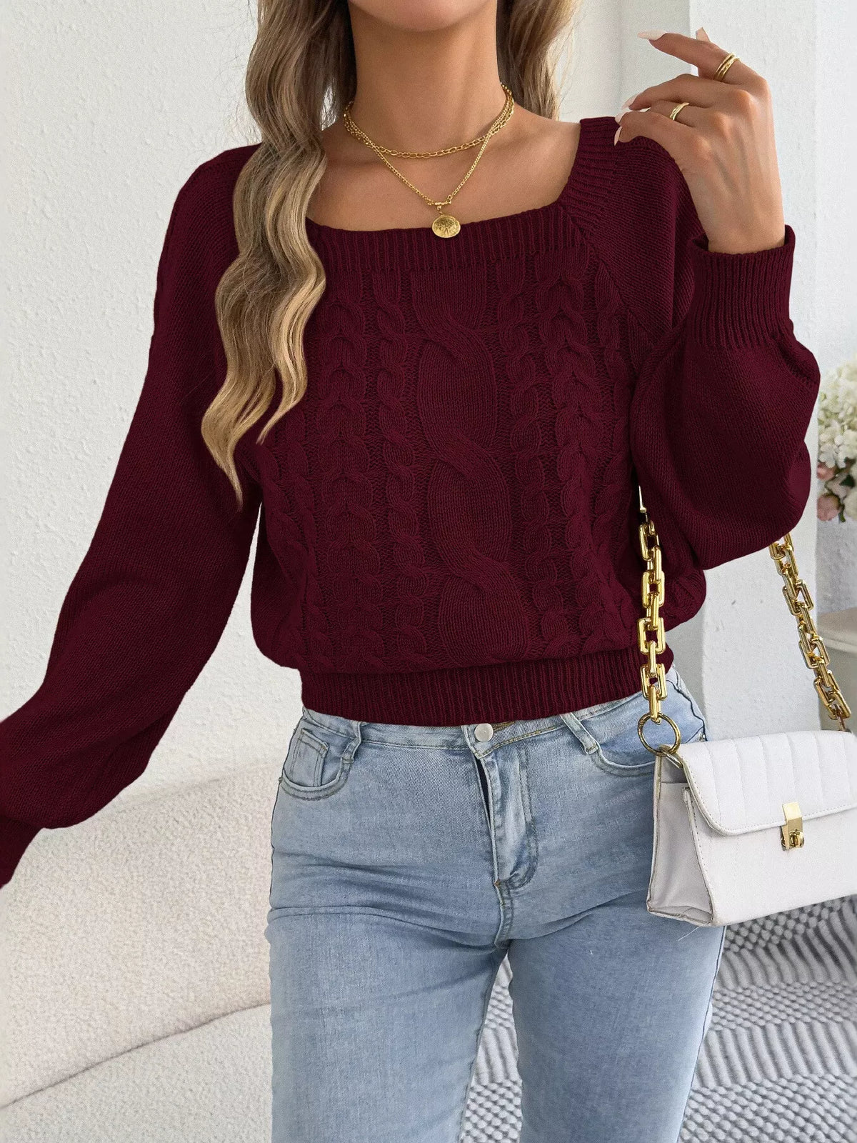 Burgundy square neck cable knit sweater
