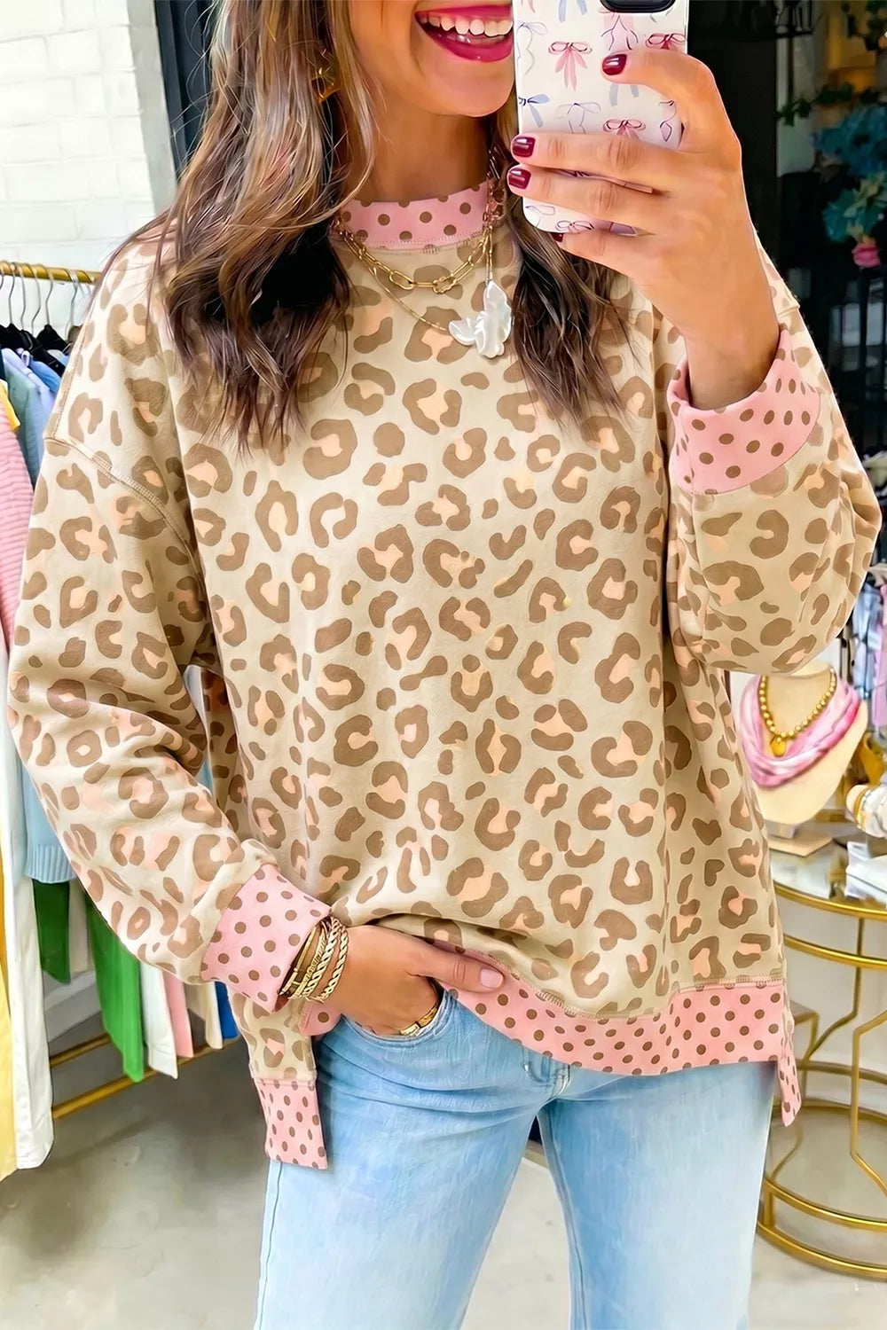 Trendsi Leopard Print Sweatshirt with Polka Dot Accents -