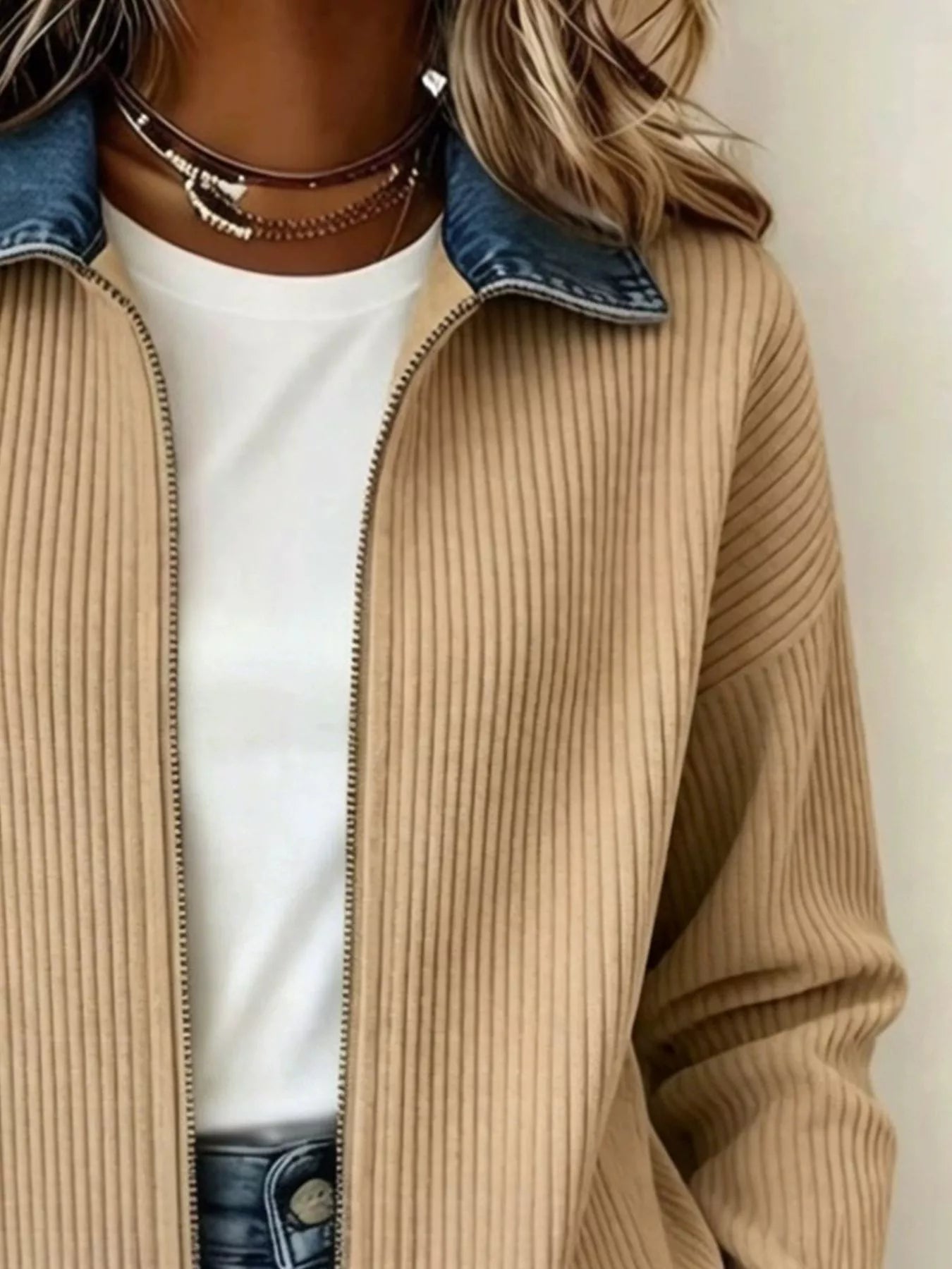 Trendsi Contrast Denim Collar Ribbed Knit Jacket - Outerwear
